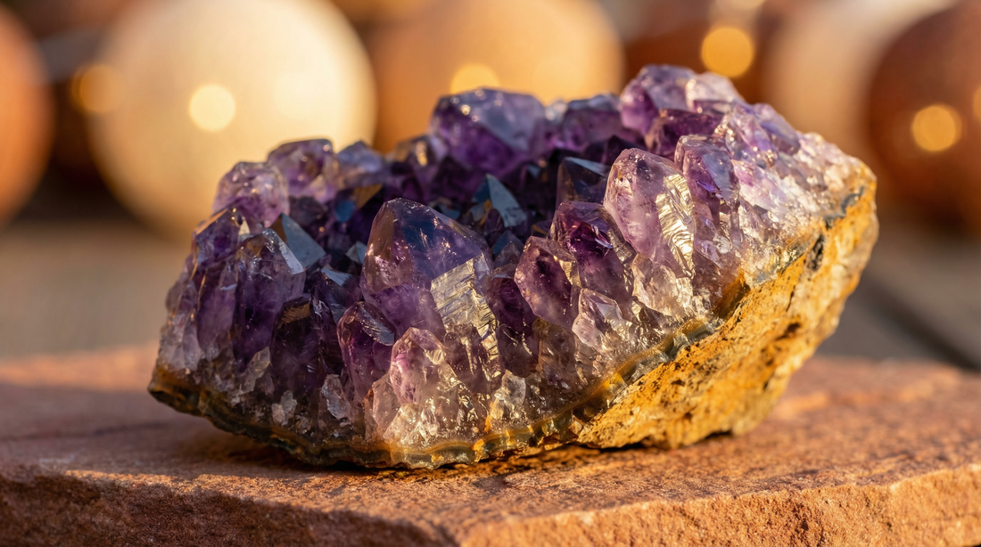 Beautiful raw amethyst crystal geode with warm golden lighting