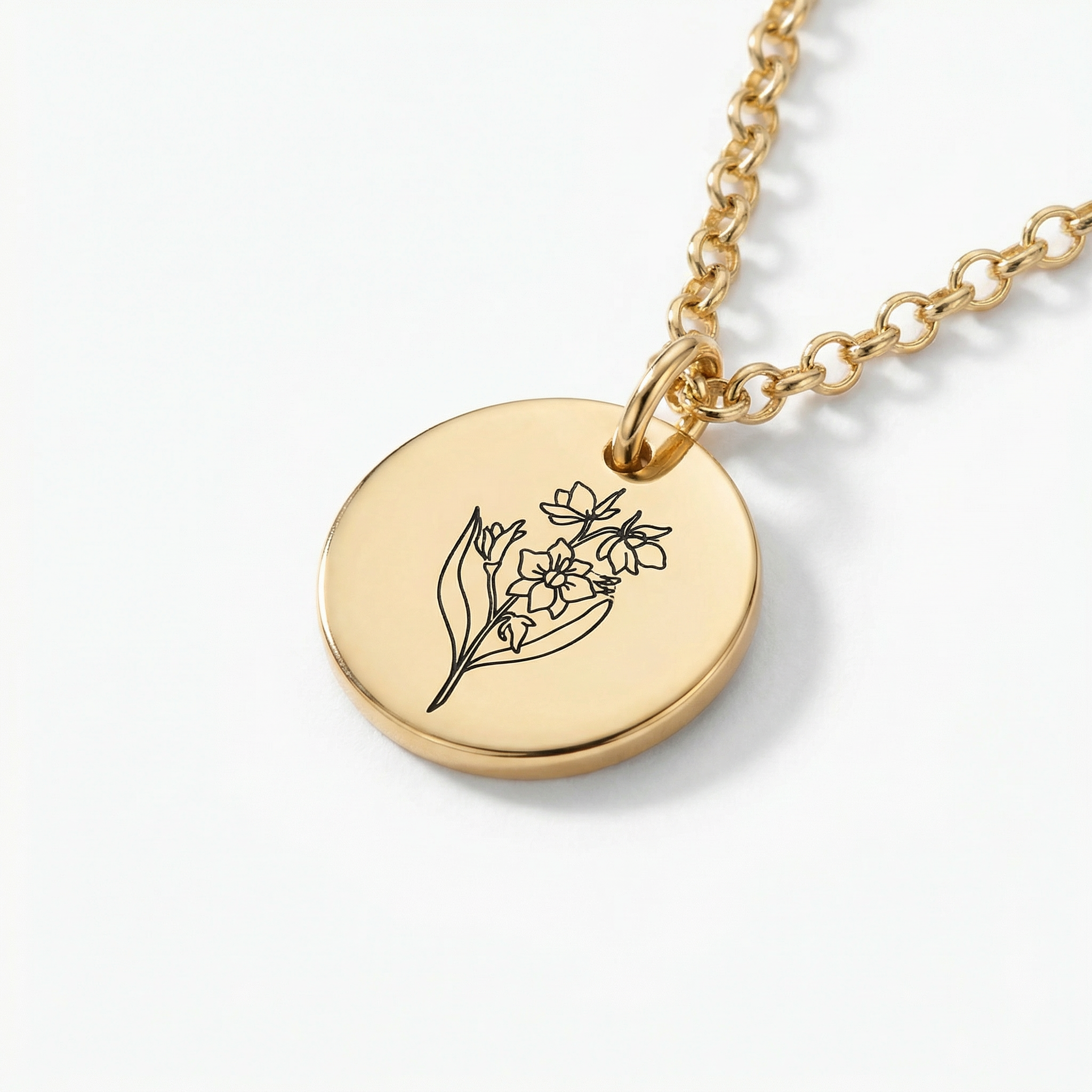 Birth Flower Pendant Necklace – 18K Gold Plated Rolo Chain – 18"