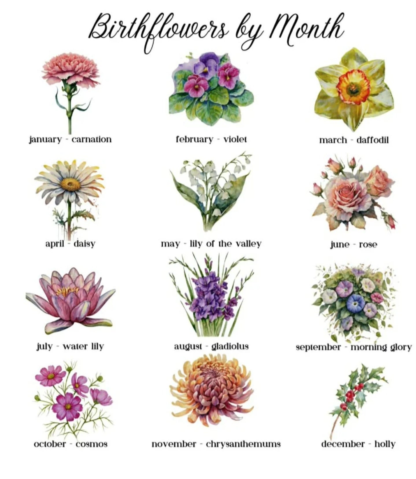 Birth Flowers by Month Chart - January through December