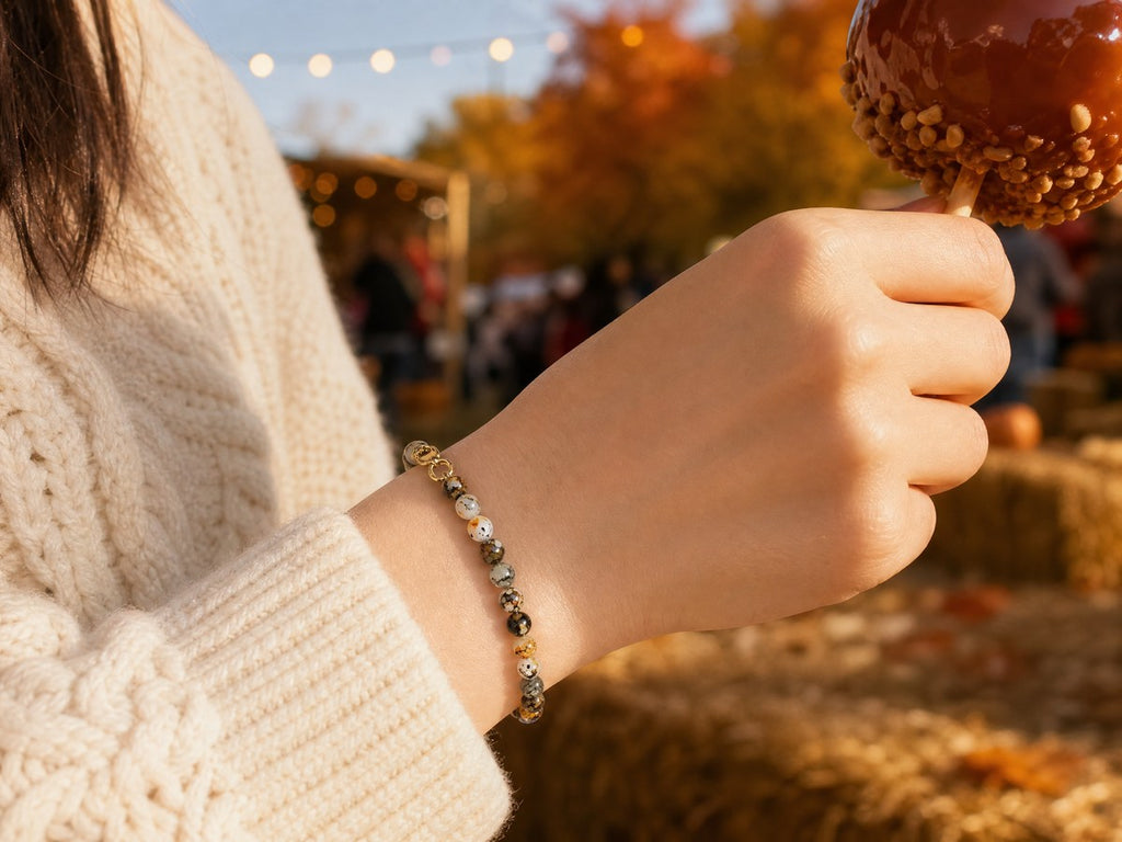 Autumn Harvest Marbled Glass Bead Bracelet – 24K Gold Plated – 7.25"
