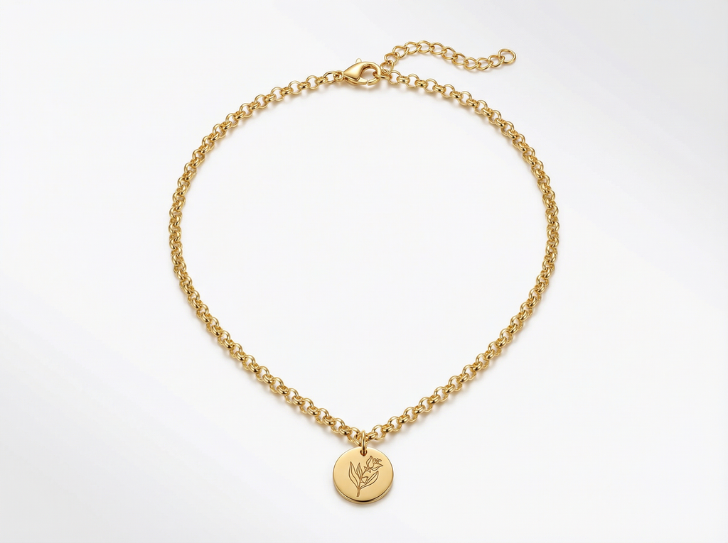 Birth Flower Pendant Necklace – 18K Gold Plated Rolo Chain – 18"