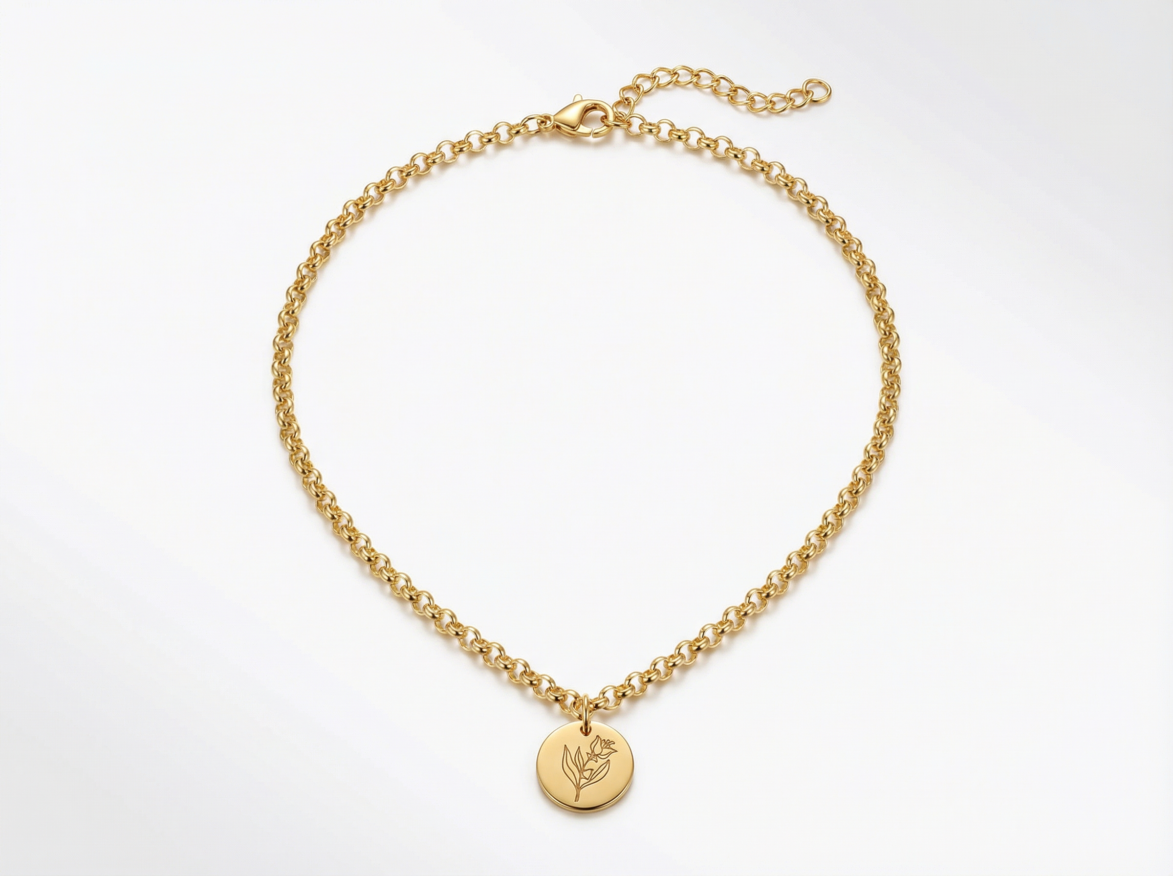 Birth Flower Pendant Necklace – 18K Gold Plated Rolo Chain – 18"