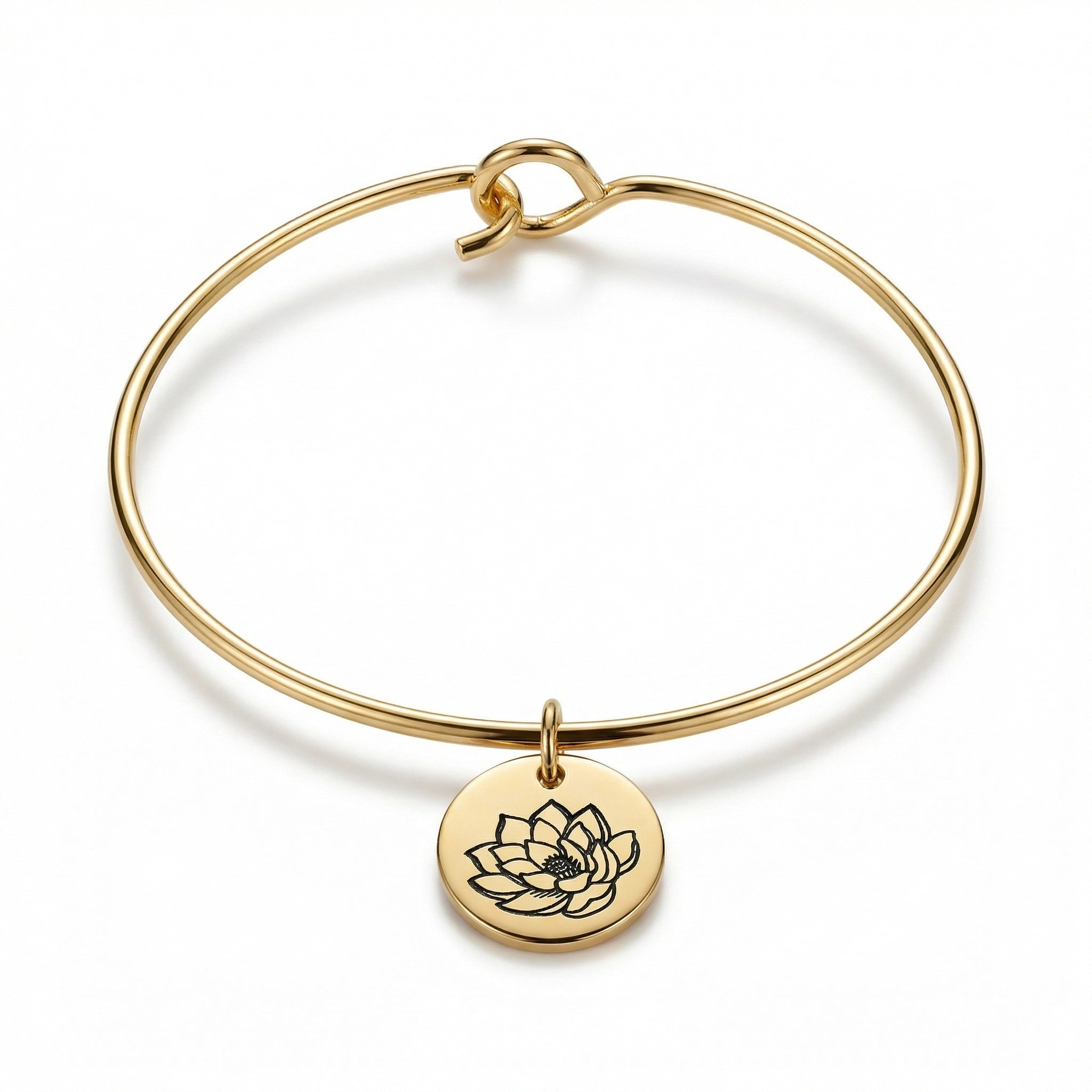 July Water Lily Birth Flower Charm Bangle - Gold Tone