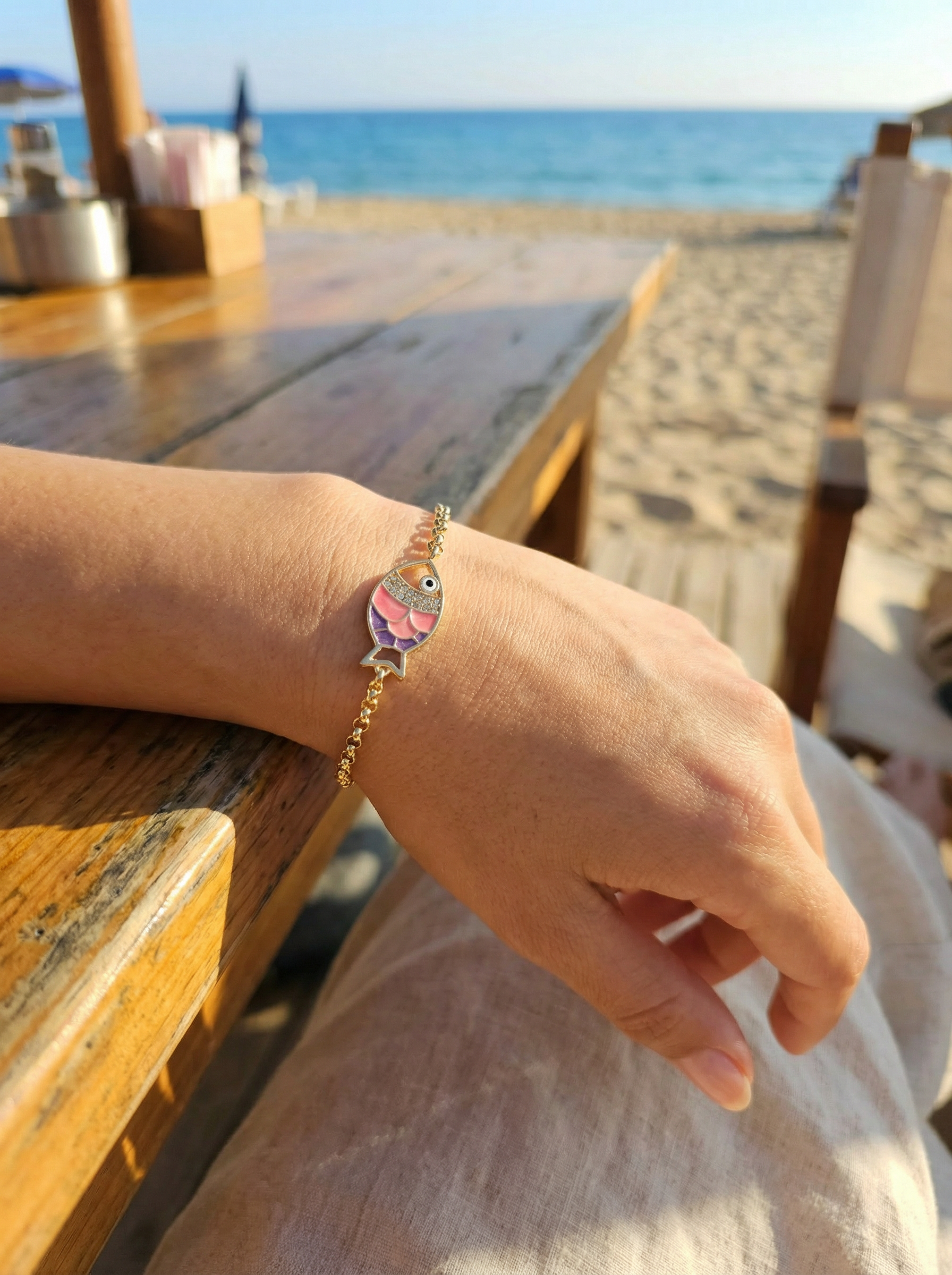 Pink Fish Enamel Charm Bracelet – 18K Gold Plated Rolo Chain – 7"