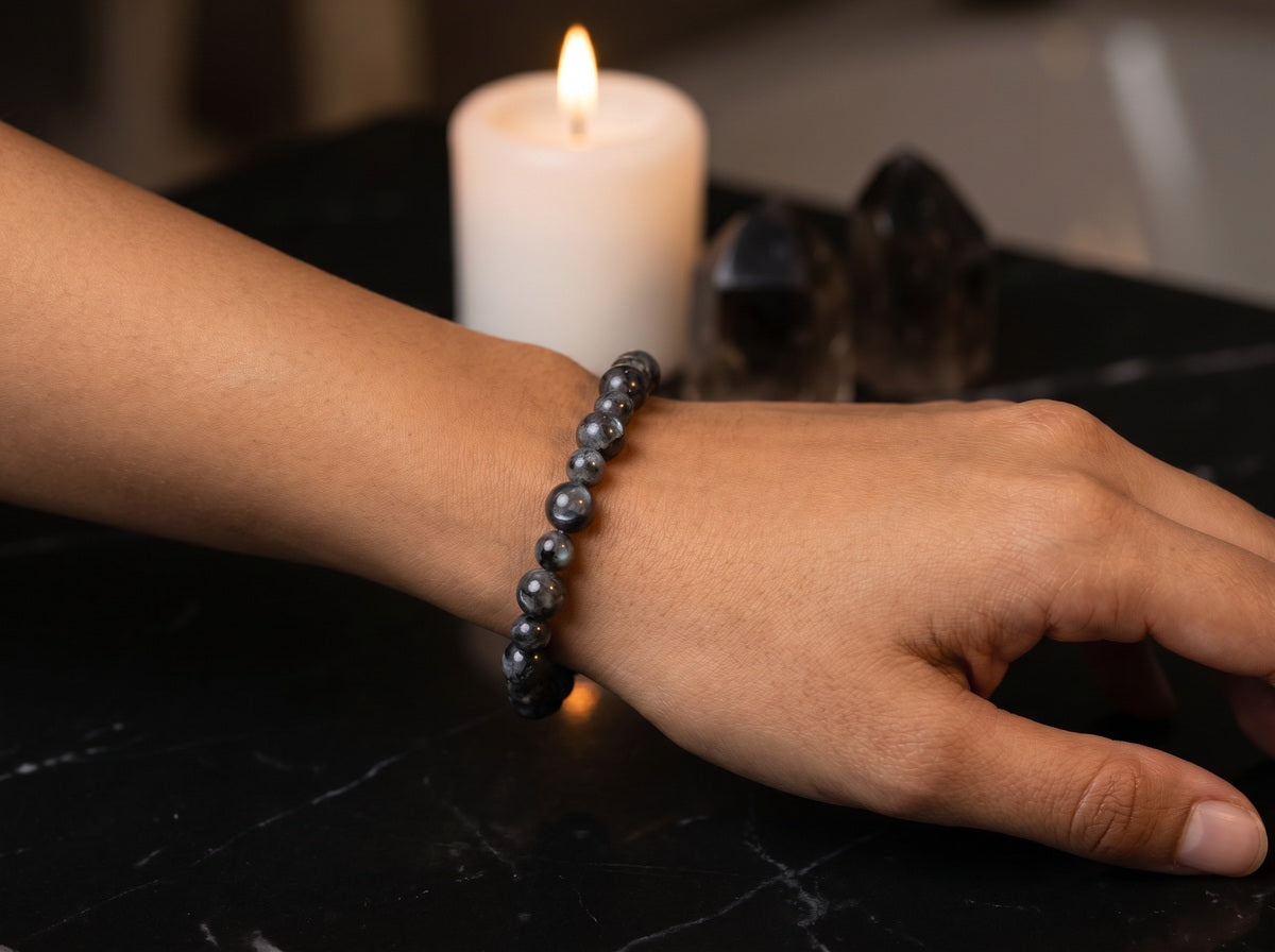 Larvikite (Black Labradorite) Bead Bracelet – Silver Accent – 7.5" Stretch