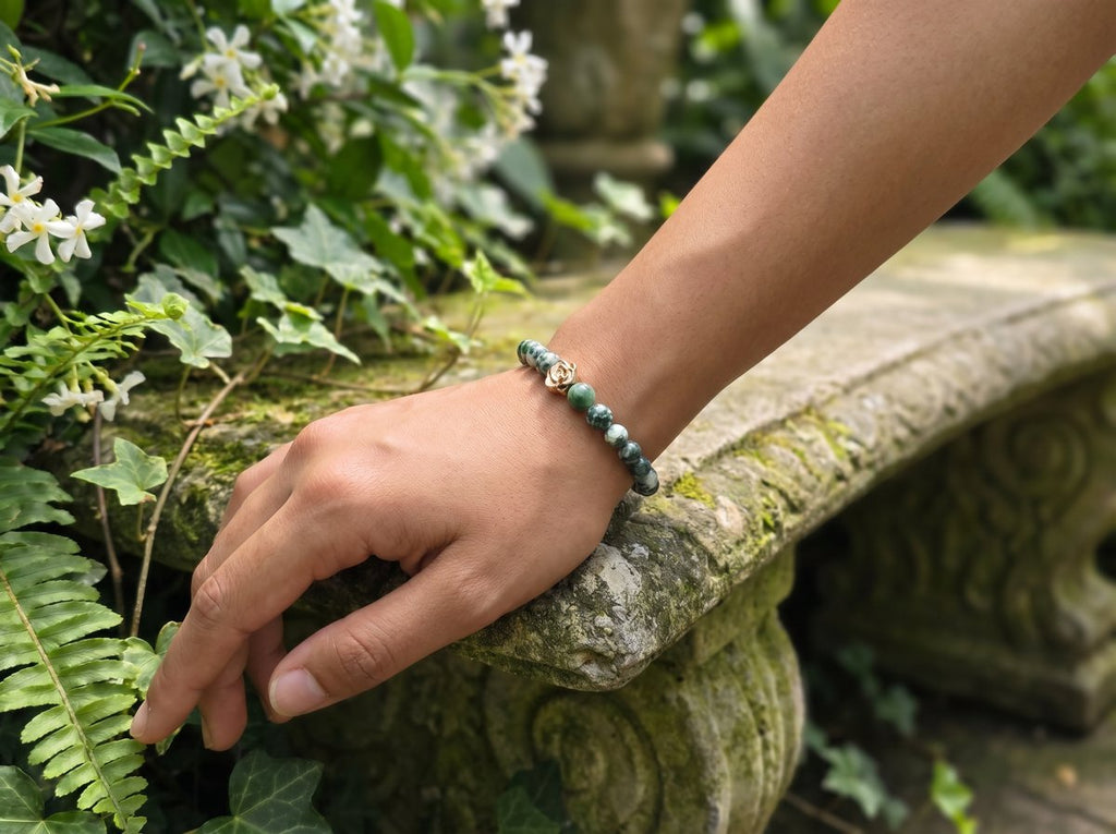 Tree Agate Rose Charm Bracelet – Gold Enamel Accent – 7.5" Stretch