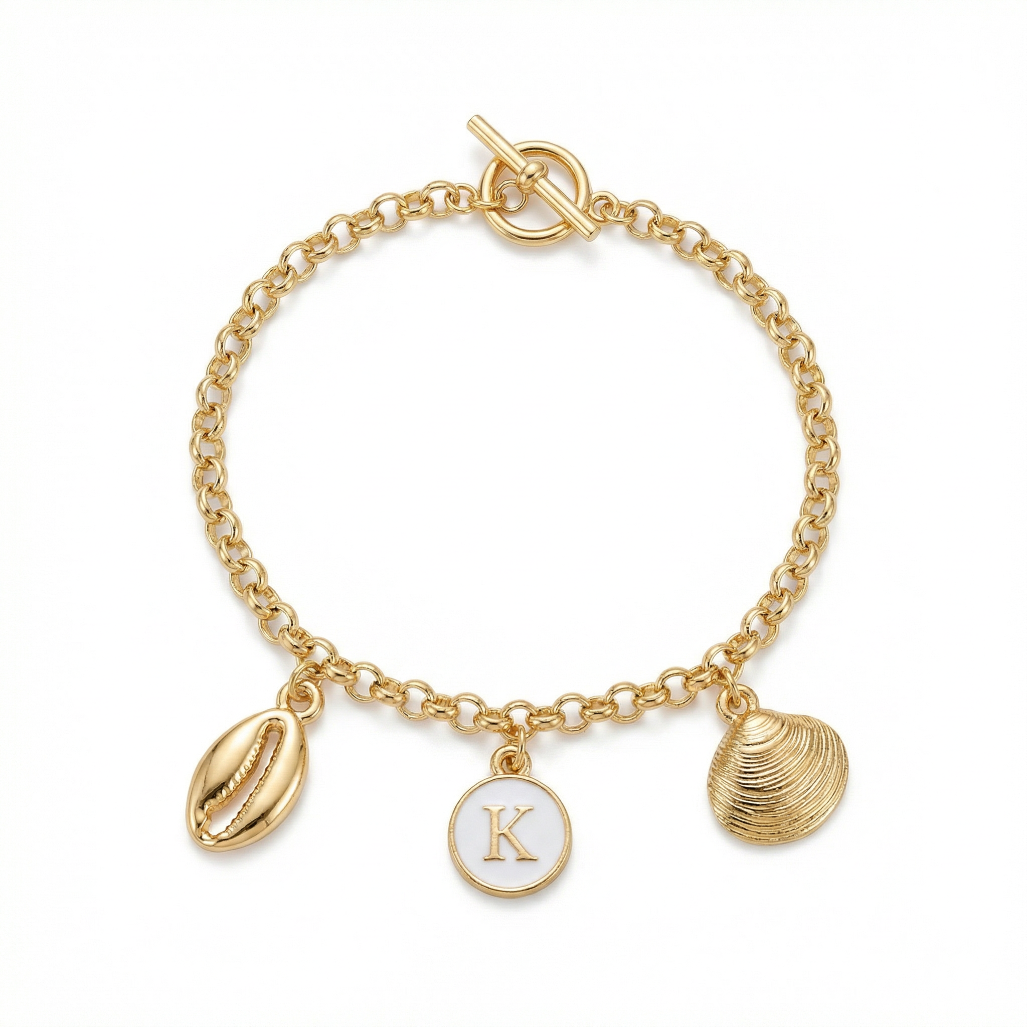 Seashell Charm Bracelet - Gold Rolo Chain with Cowrie Shell, Initial K Disc, and Clam Shell - White Background