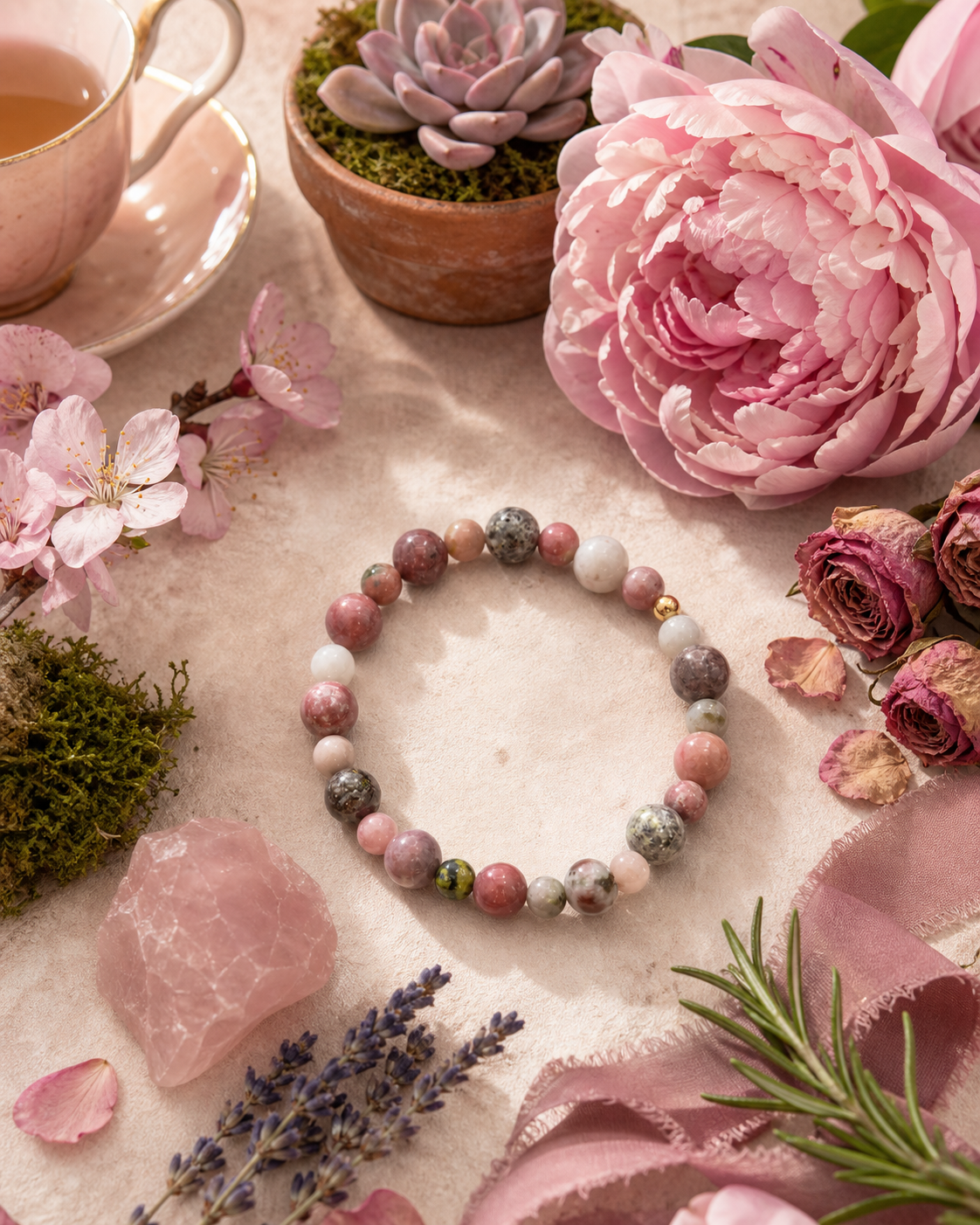 Flower Jasper Bead Bracelet – Gold Accent – 7.5" Stretch