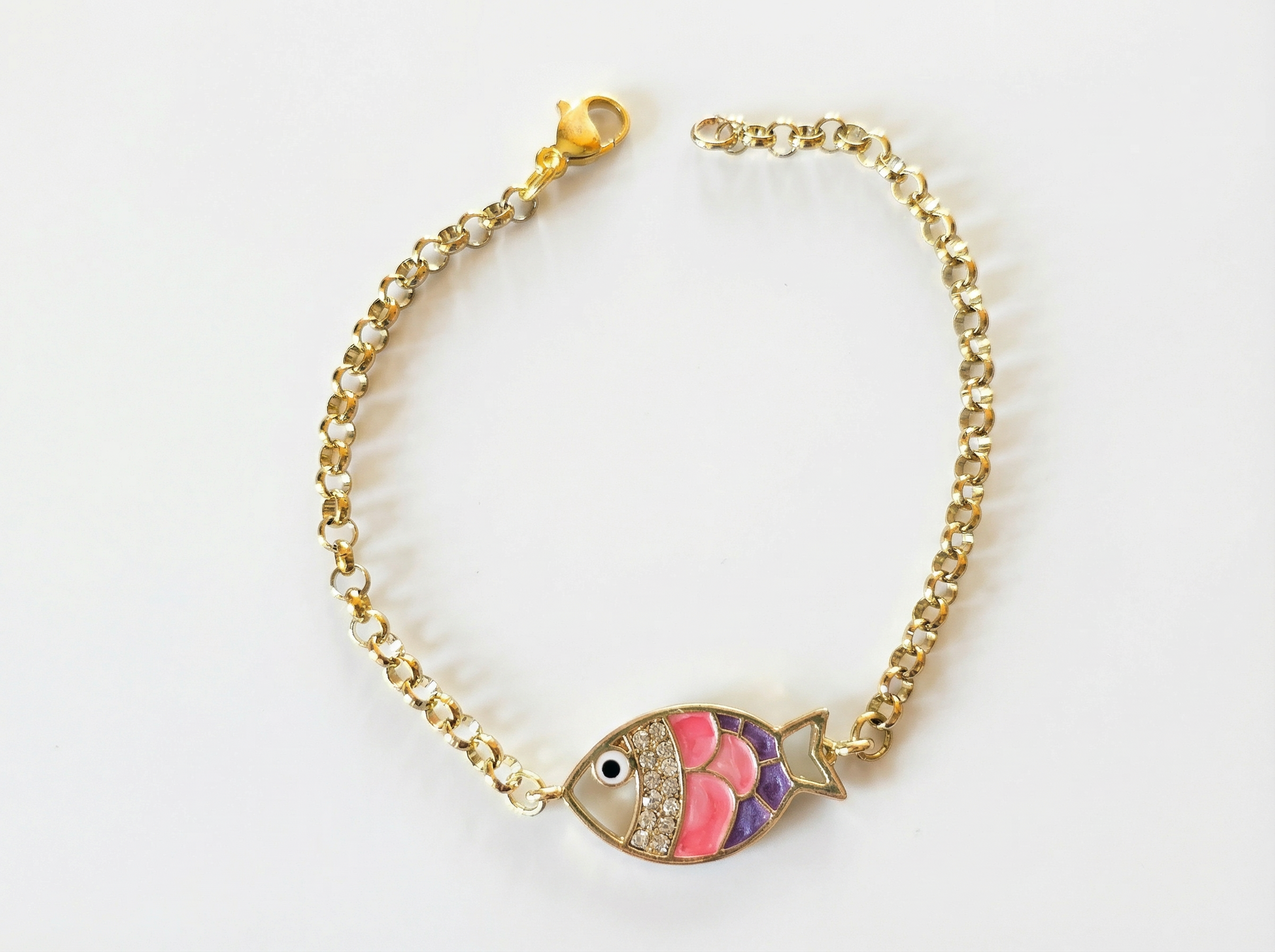 Pink Fish Enamel Charm Bracelet – 18K Gold Plated Rolo Chain – 7"