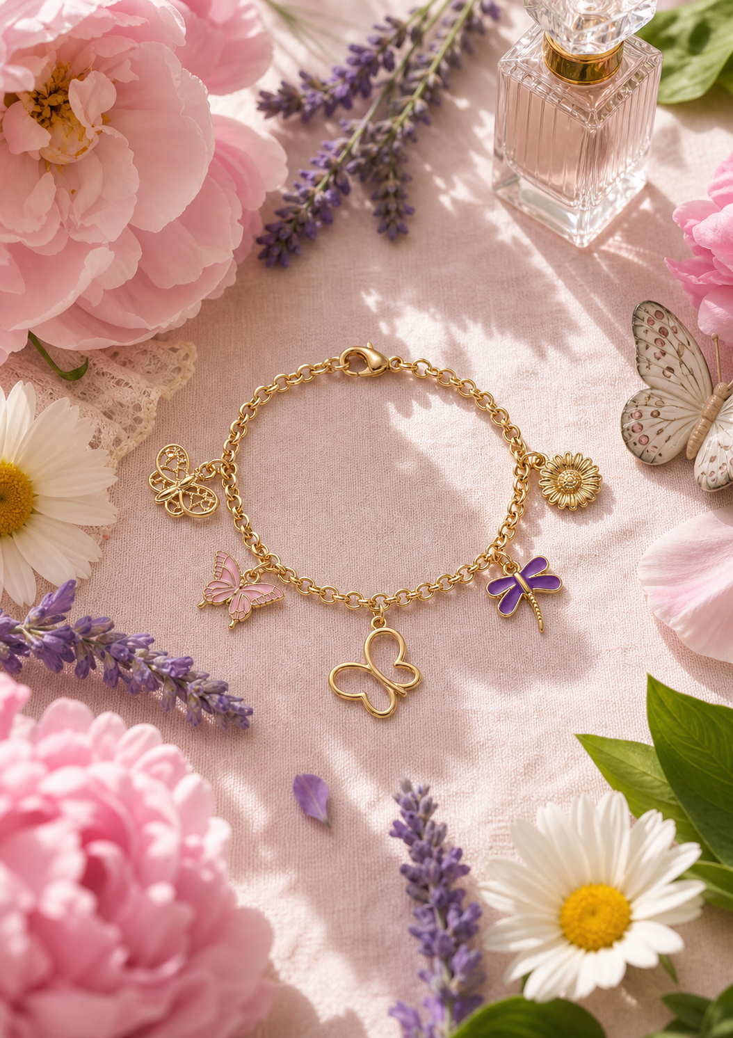 Butterfly, Dragonfly & Daisy Dangle Bracelet – 8" 18K Gold Plated Rolo Chain