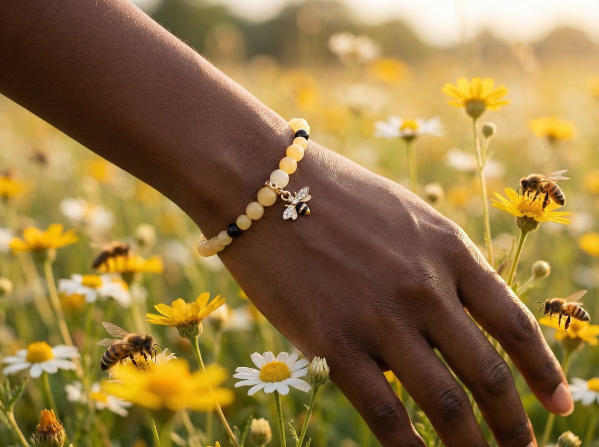 Honey Jade & Black Onyx Bee Charm Bracelet – Gold Accent – 7.5" Stretch