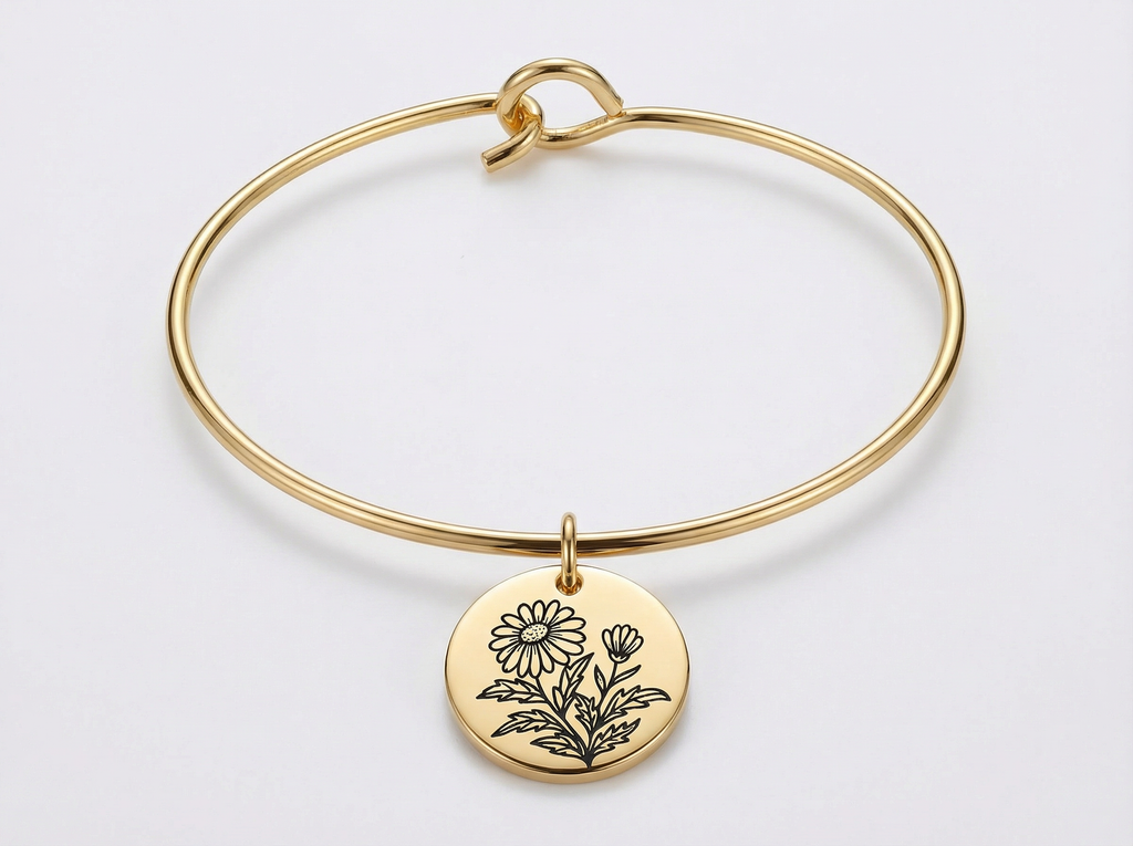 April Daisy Birth Flower Charm Bangle - Gold Tone