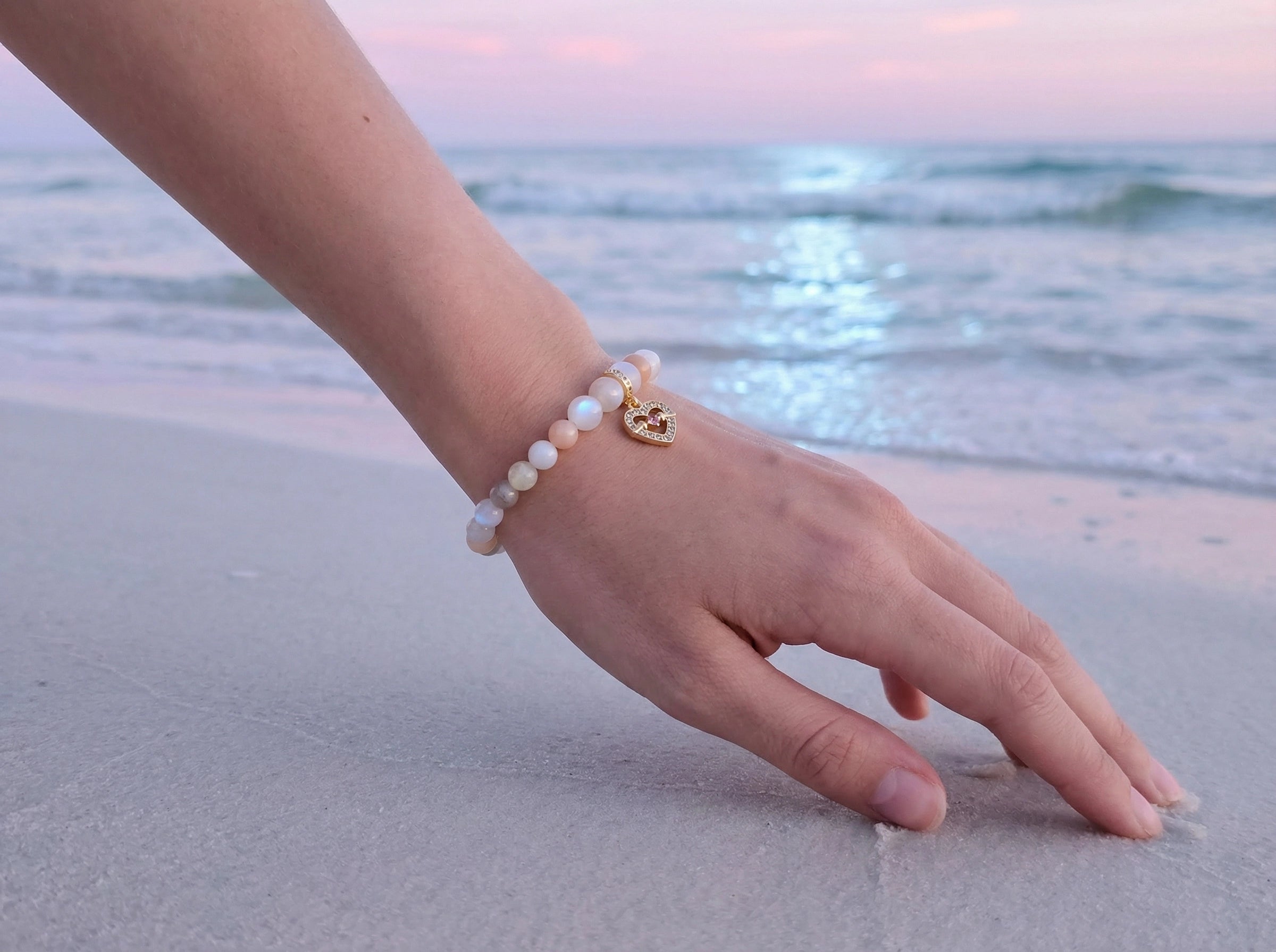 Pink Aventurine Heart Charm Bracelet – Gold Accent – 7.5" Stretch