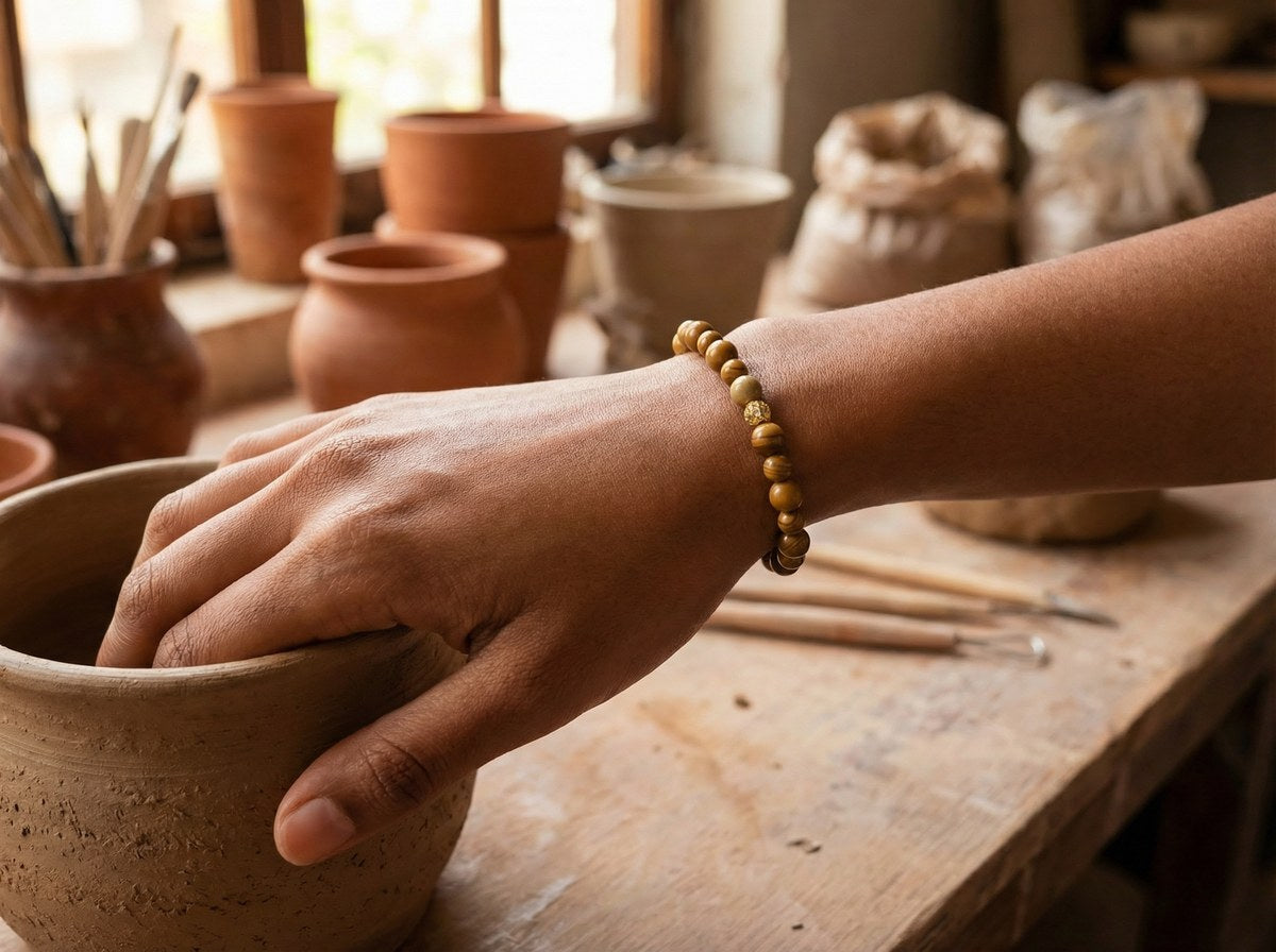 Wood Grain Jasper Bead Bracelet – Gold Pave Accent – 7.5" Stretch