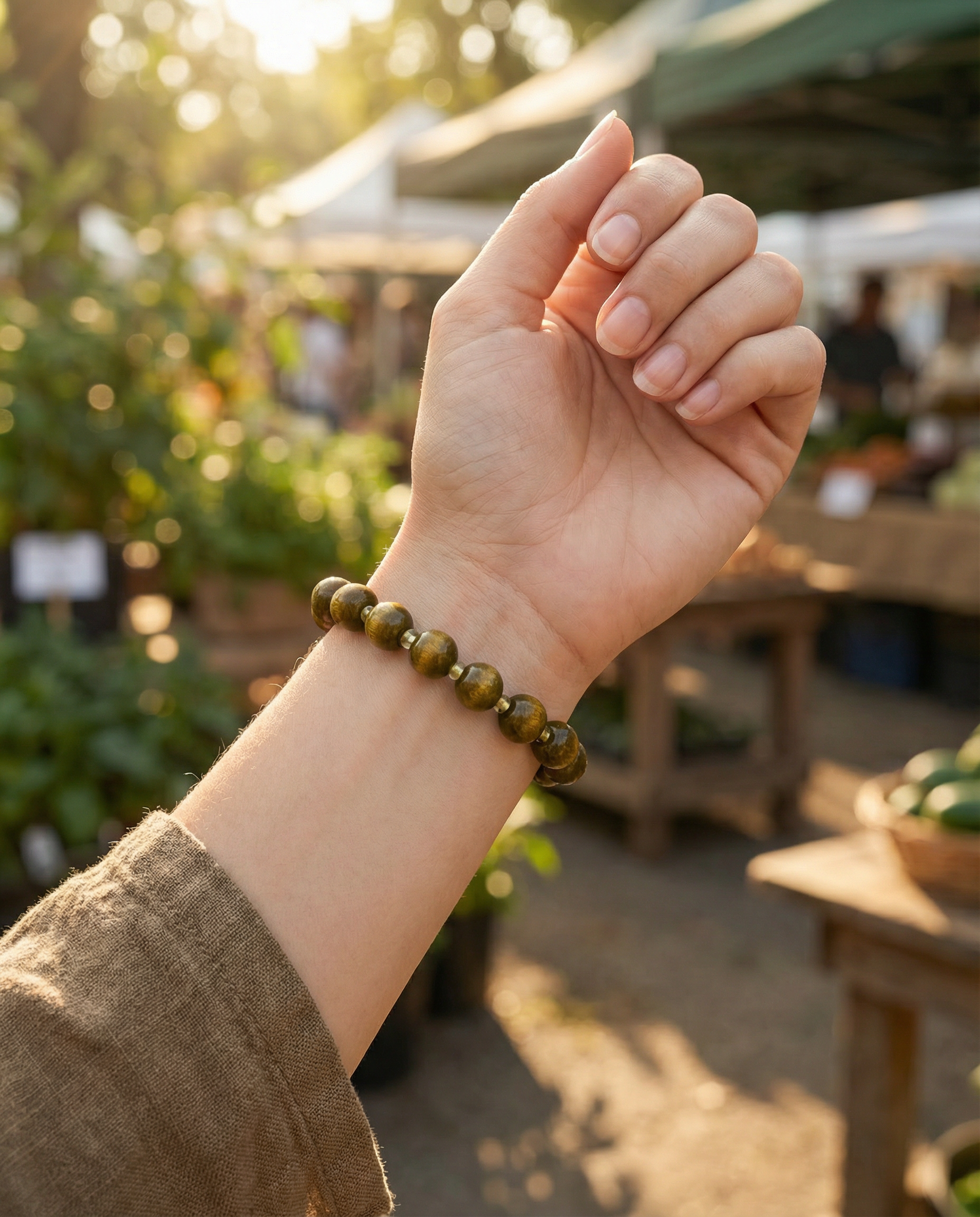Olive Wood Bead Bracelet – Crystal Glass Spacers – 7" Stretch