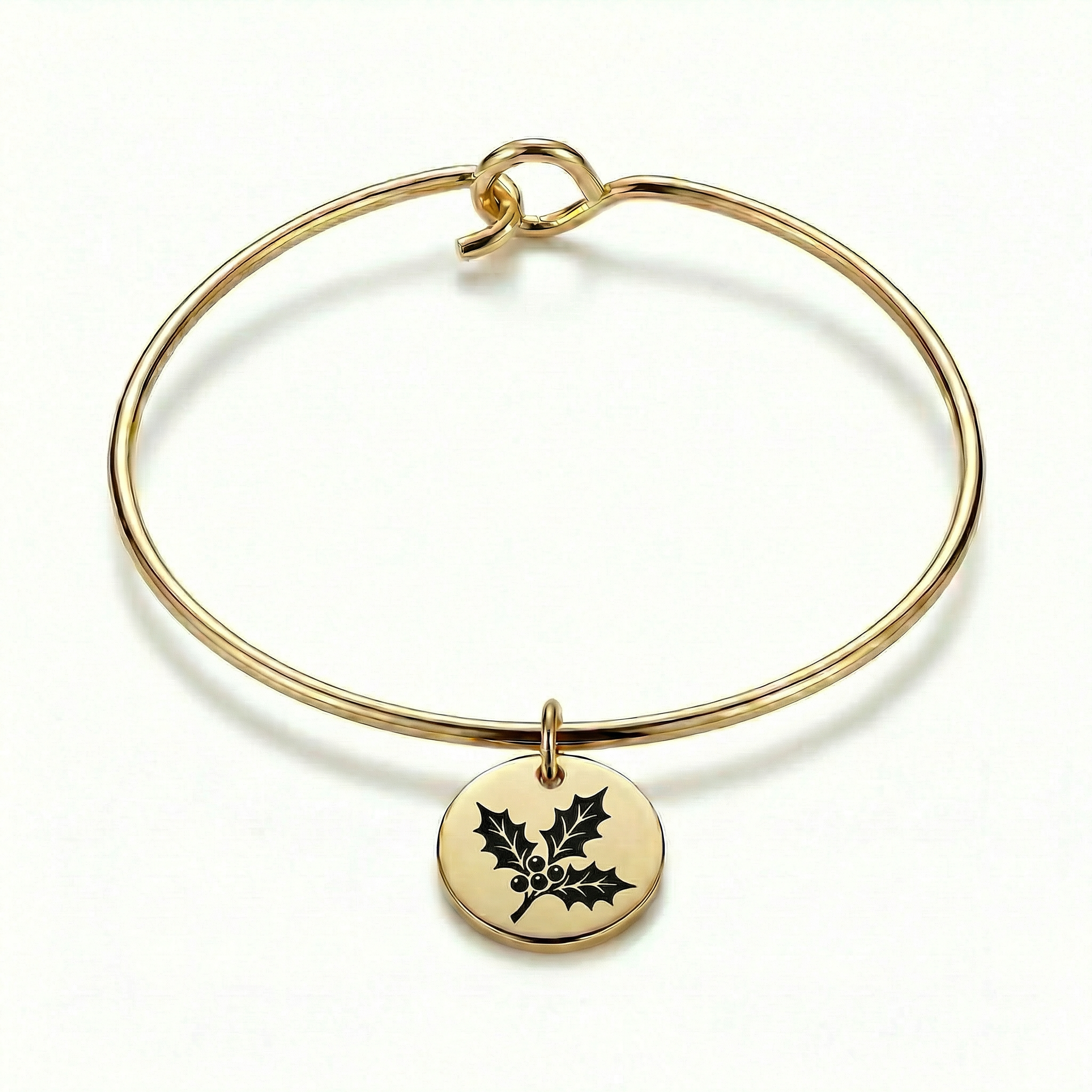 December Holly Birth Flower Charm Bangle - Gold Tone