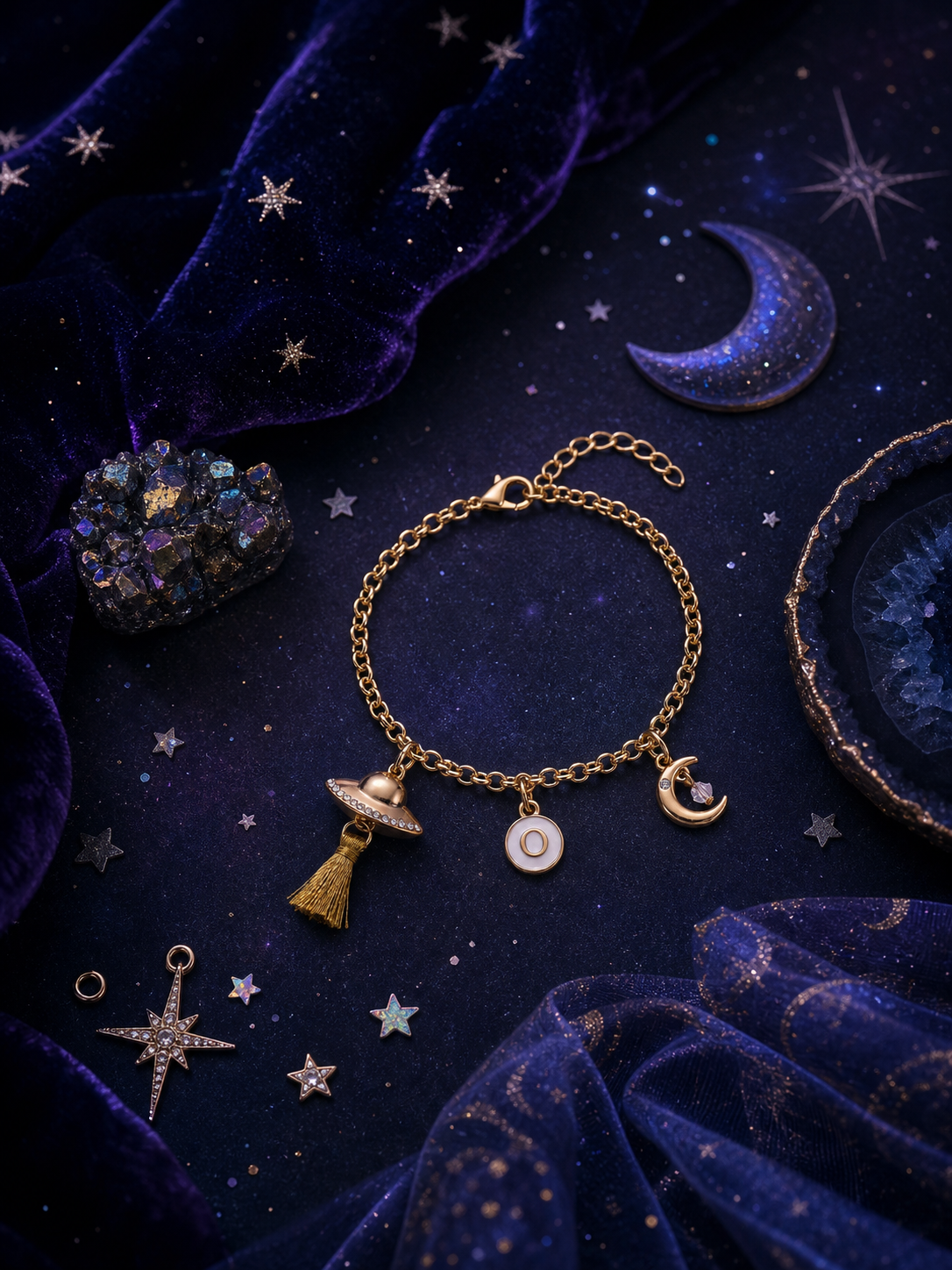 18K Gold Plated UFO & Moon Tasseled Rolo Bracelet with Custom Letter Charm – 8"