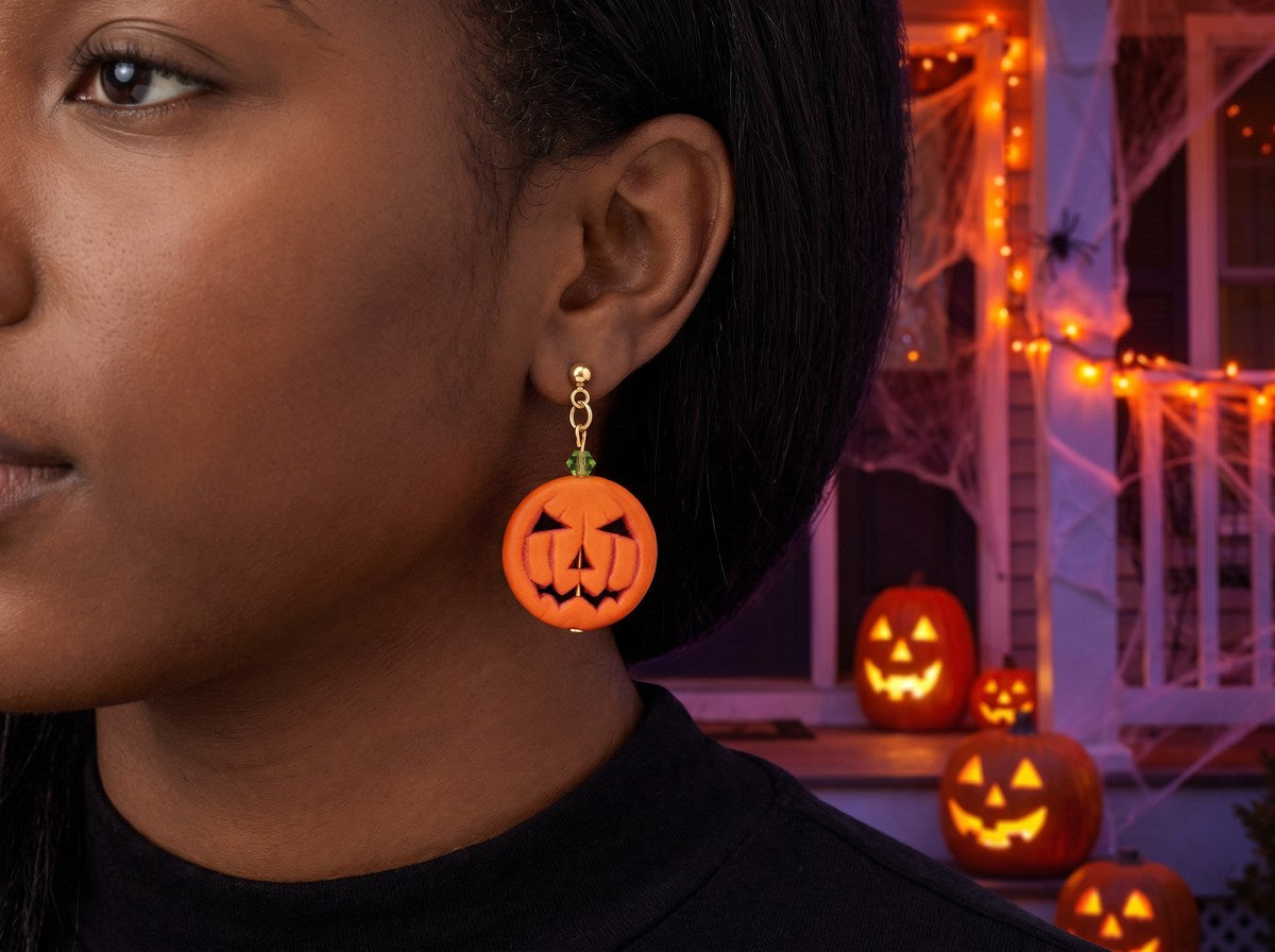 Jack-O-Lantern Pumpkin Stone Dangle Earrings – 24K Gold Plated