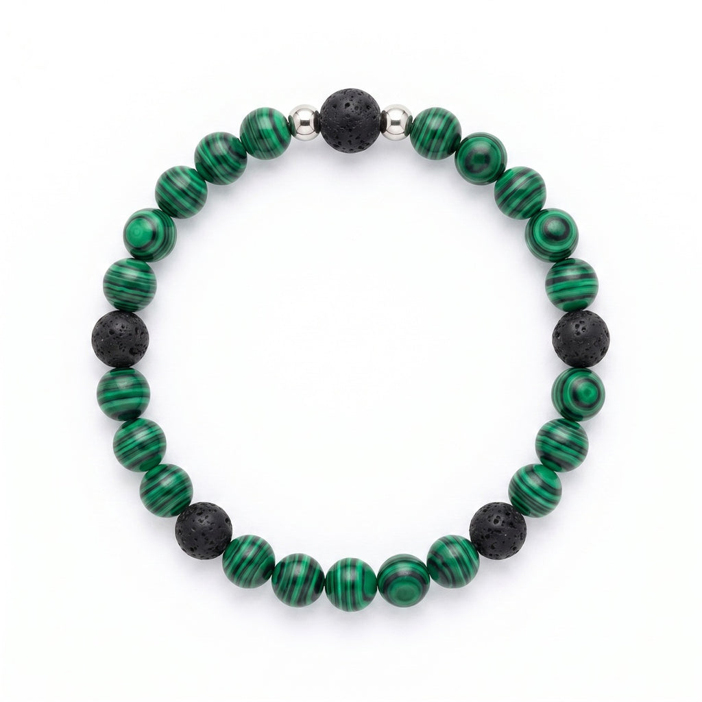 Malachite & Lava Stone Bead Bracelet – Silver Accent – 7.5" Stretch