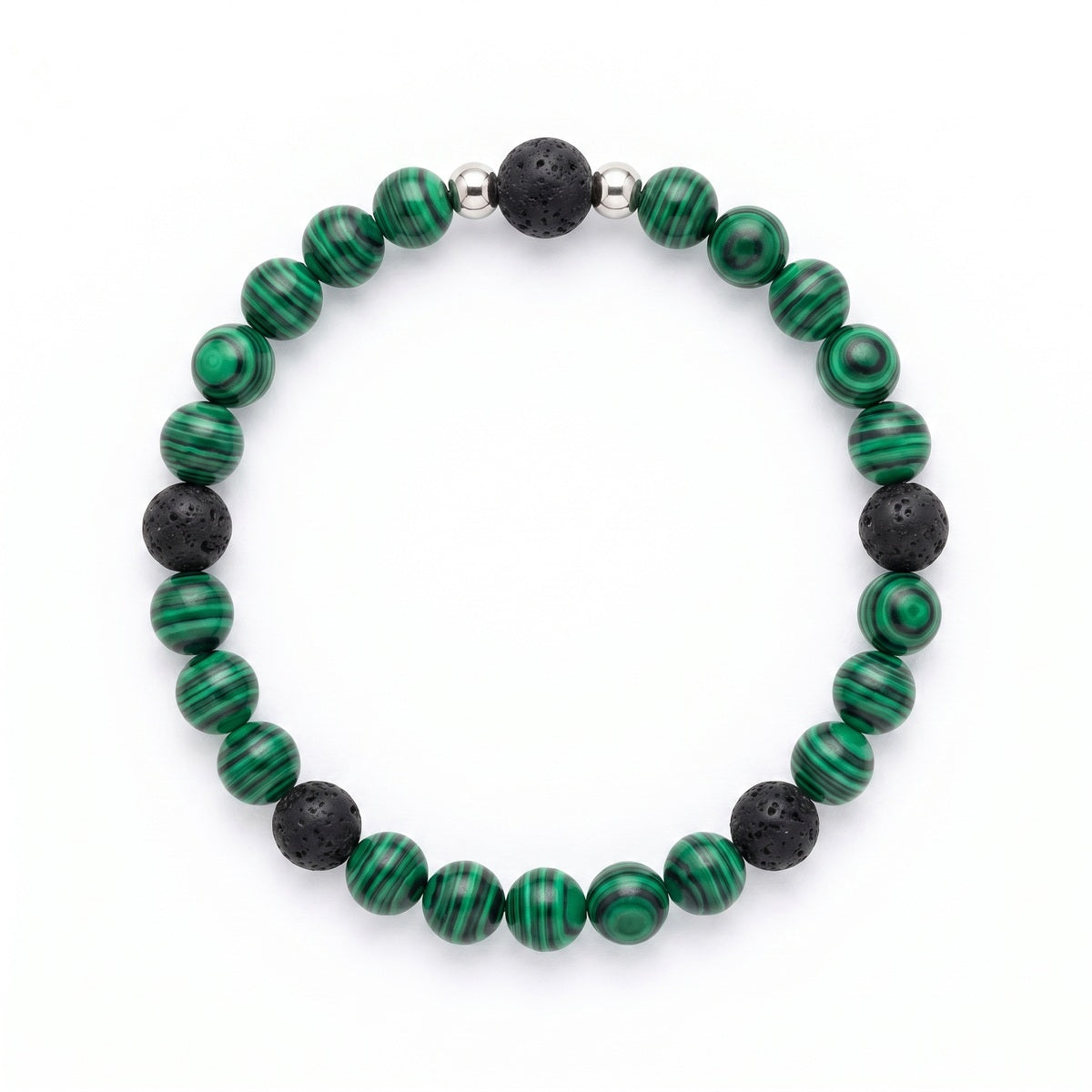 Malachite & Lava Stone Bead Bracelet – Silver Accent – 7.5" Stretch