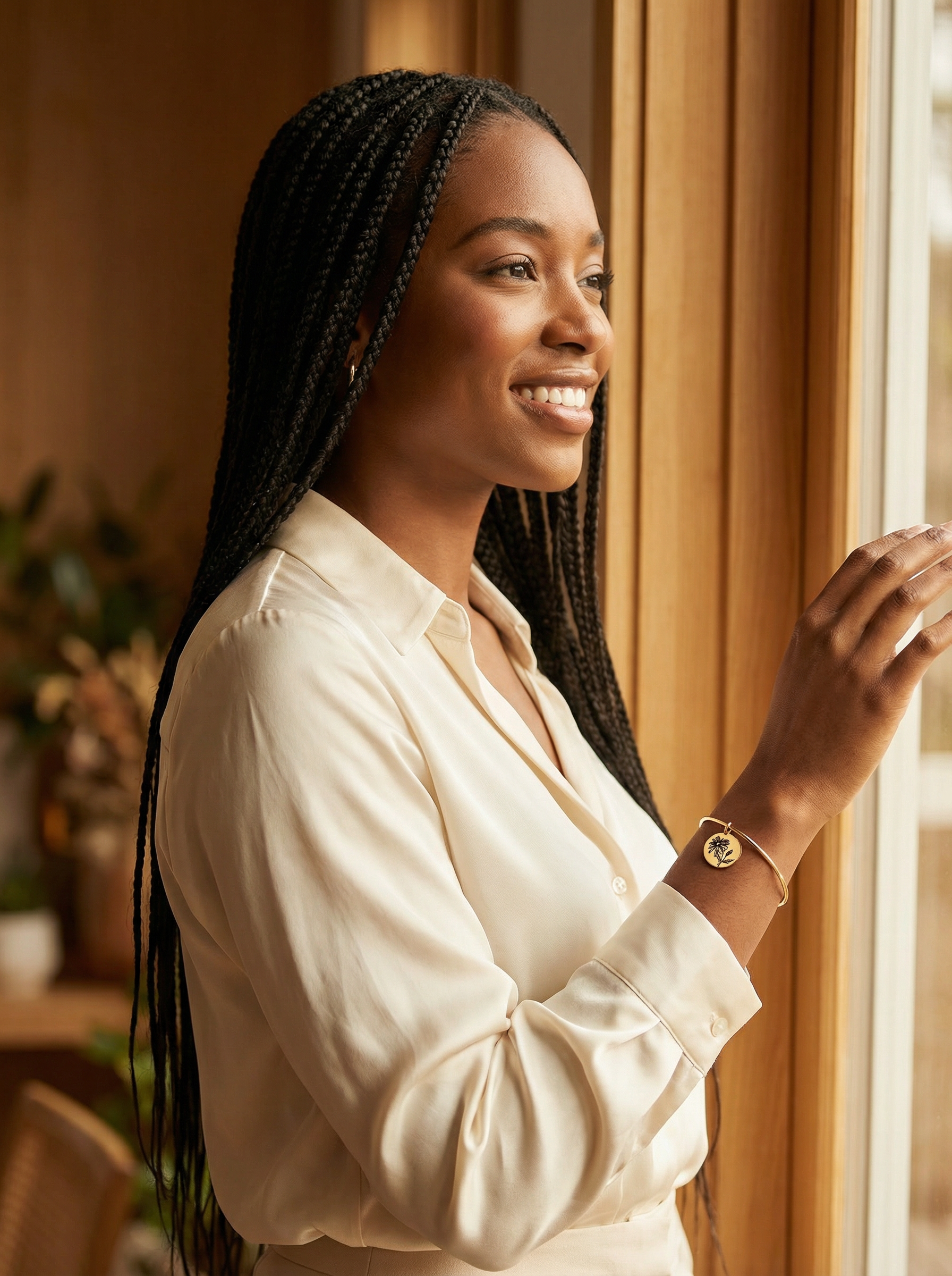 Birth Flower Charm Bangle on Model - Lifestyle Shot 1