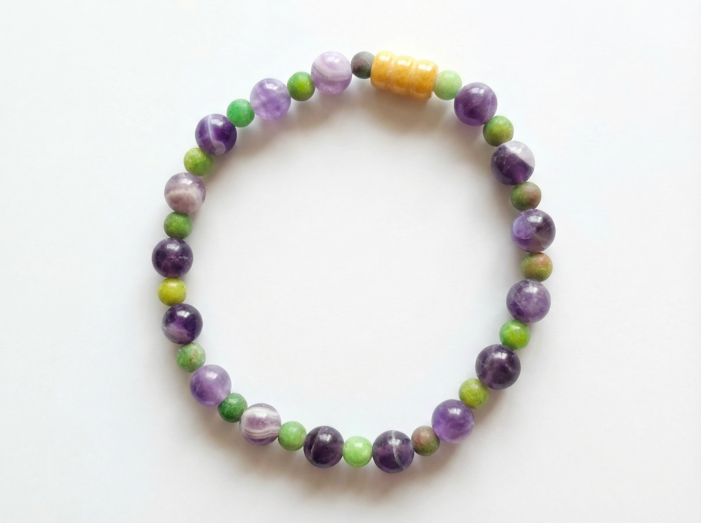 Amethyst & Green Aventurine Bead Bracelet – Yellow Jade Accent – 7.5" Stretch