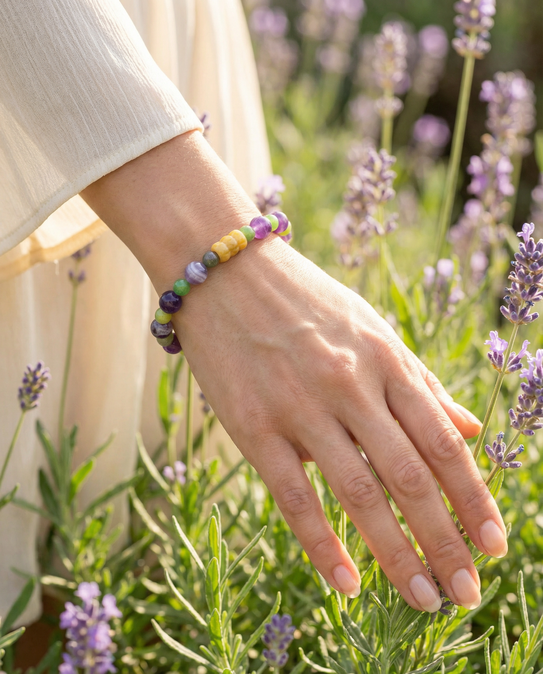 Amethyst & Green Aventurine Bead Bracelet – Yellow Jade Accent – 7.5" Stretch