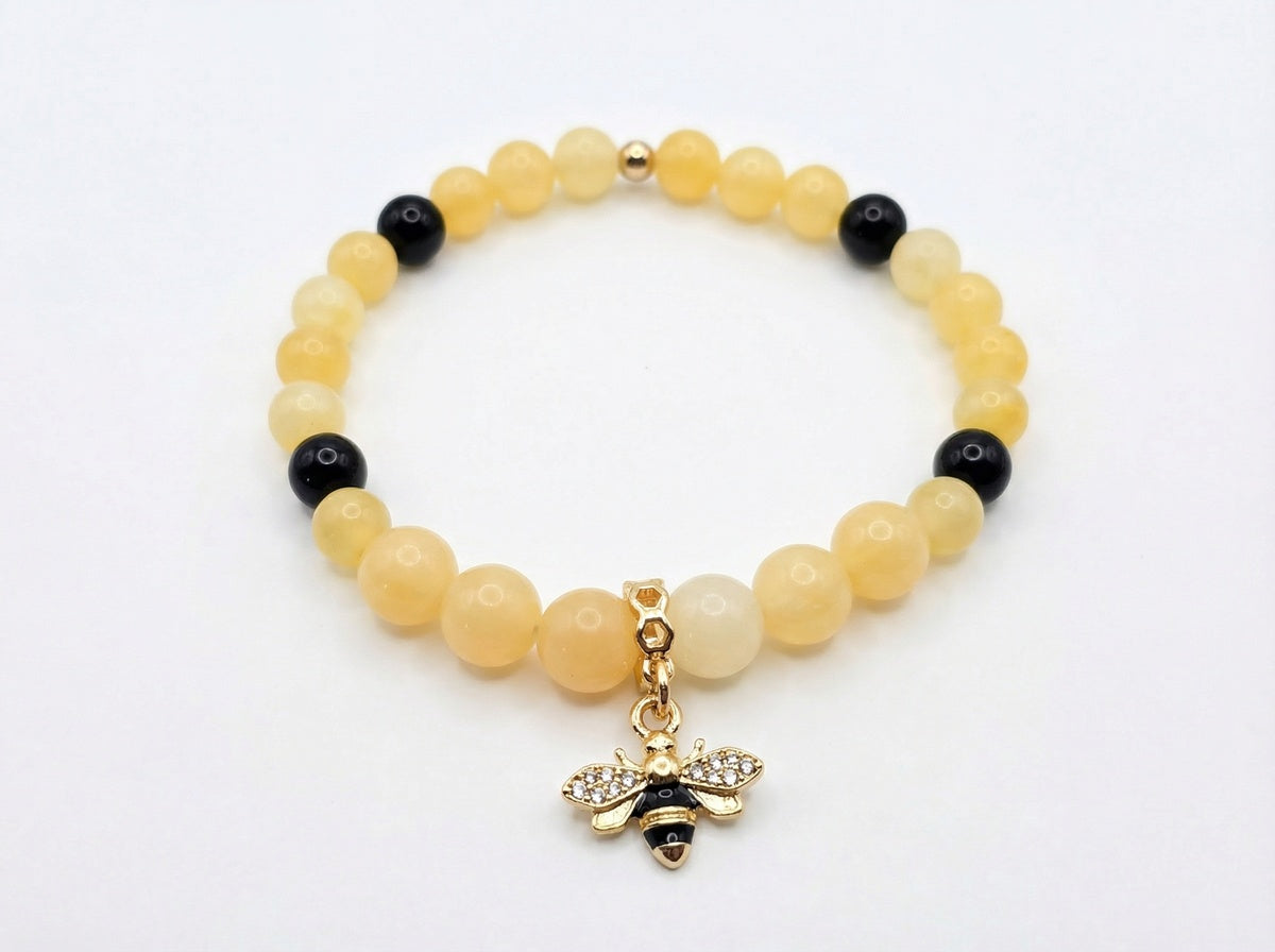 Honey Jade & Black Onyx Bee Charm Bracelet – Gold Accent – 7.5" Stretch