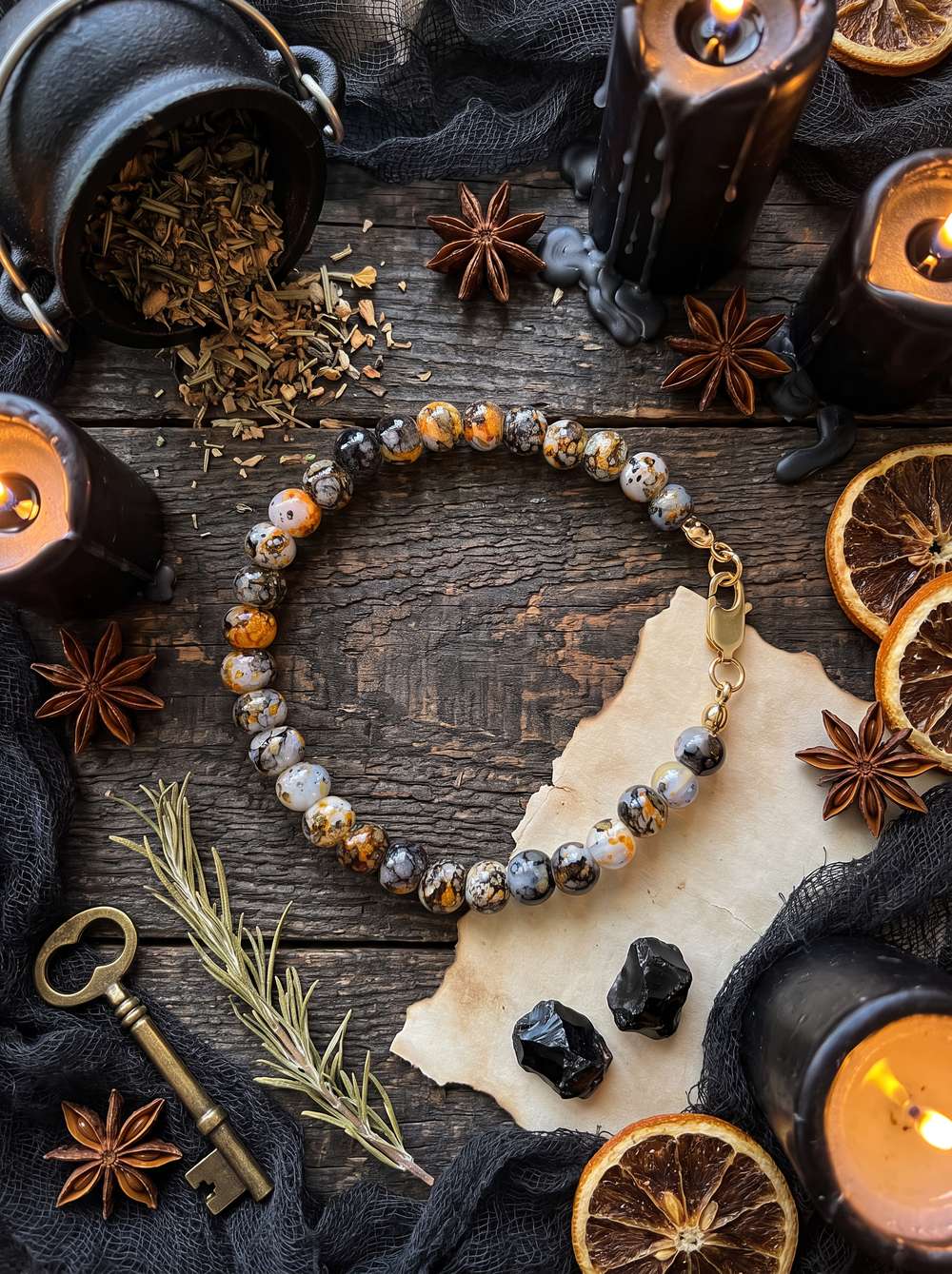 Autumn Harvest Marbled Glass Bead Bracelet – 24K Gold Plated – 7.25"