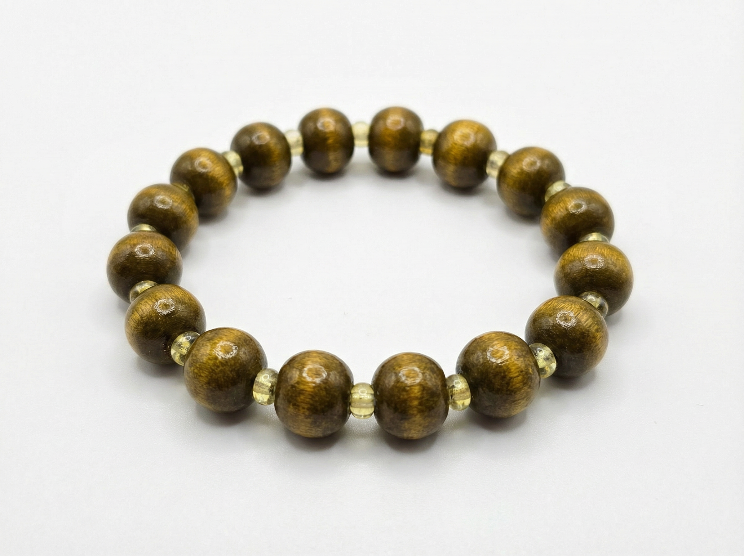 Olive Wood Bead Bracelet – Crystal Glass Spacers – 7" Stretch