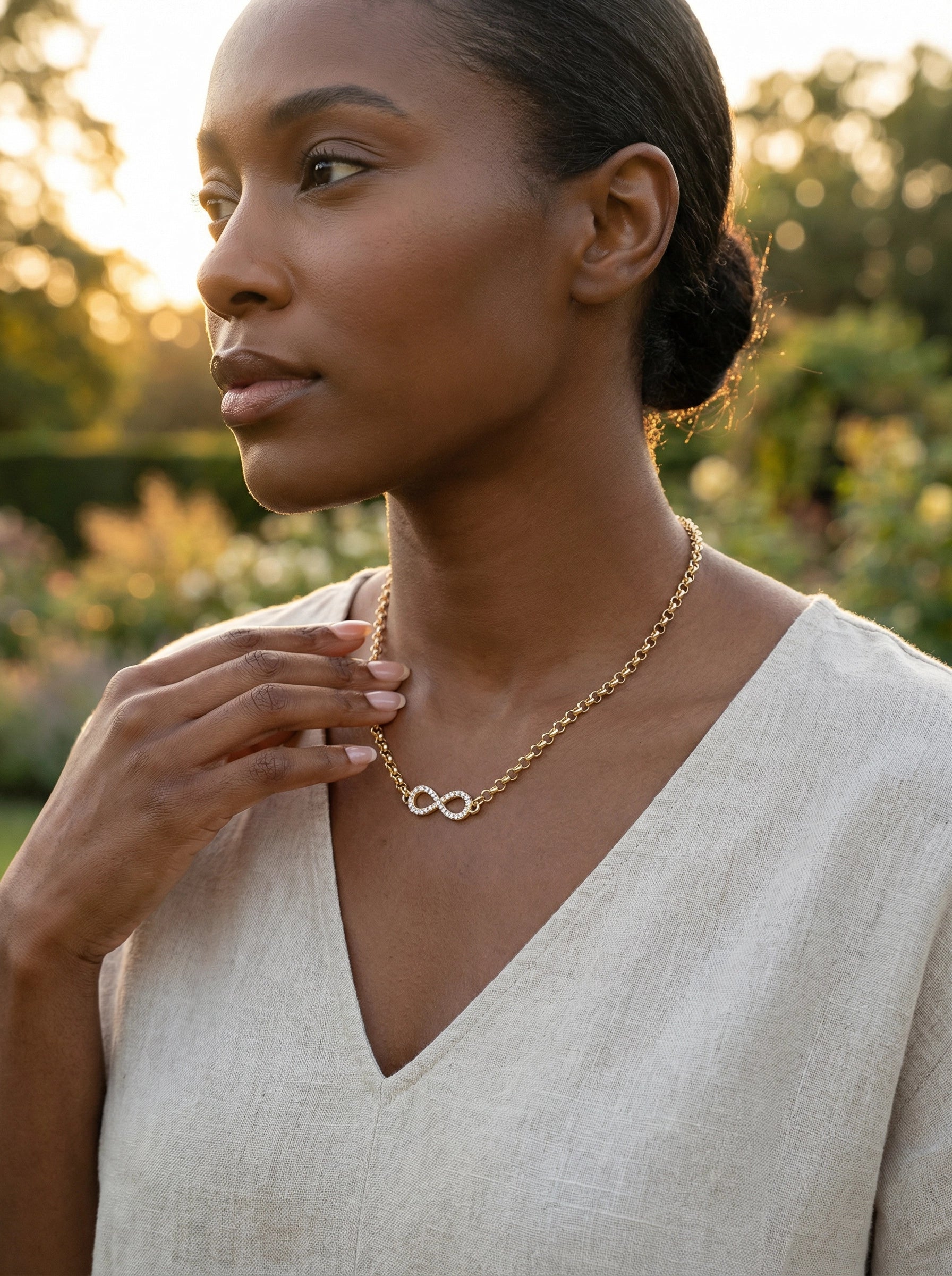 Infinity Bling Necklace on Model - Side Profile