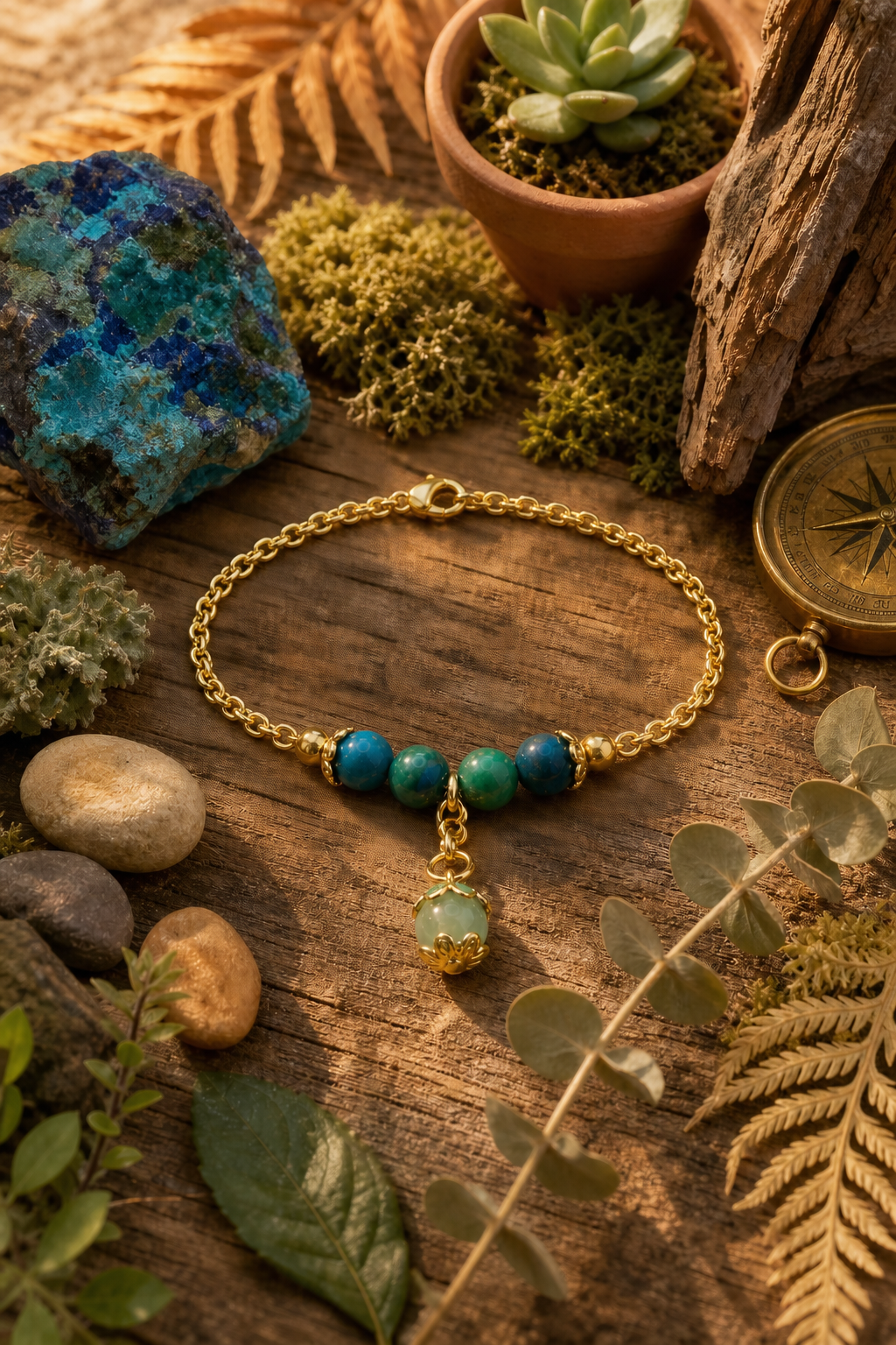 Chrysocolla Bead Micro Cuban Dangle Bracelet – 18K Gold Over Jeweler’s Brass – 7.5"