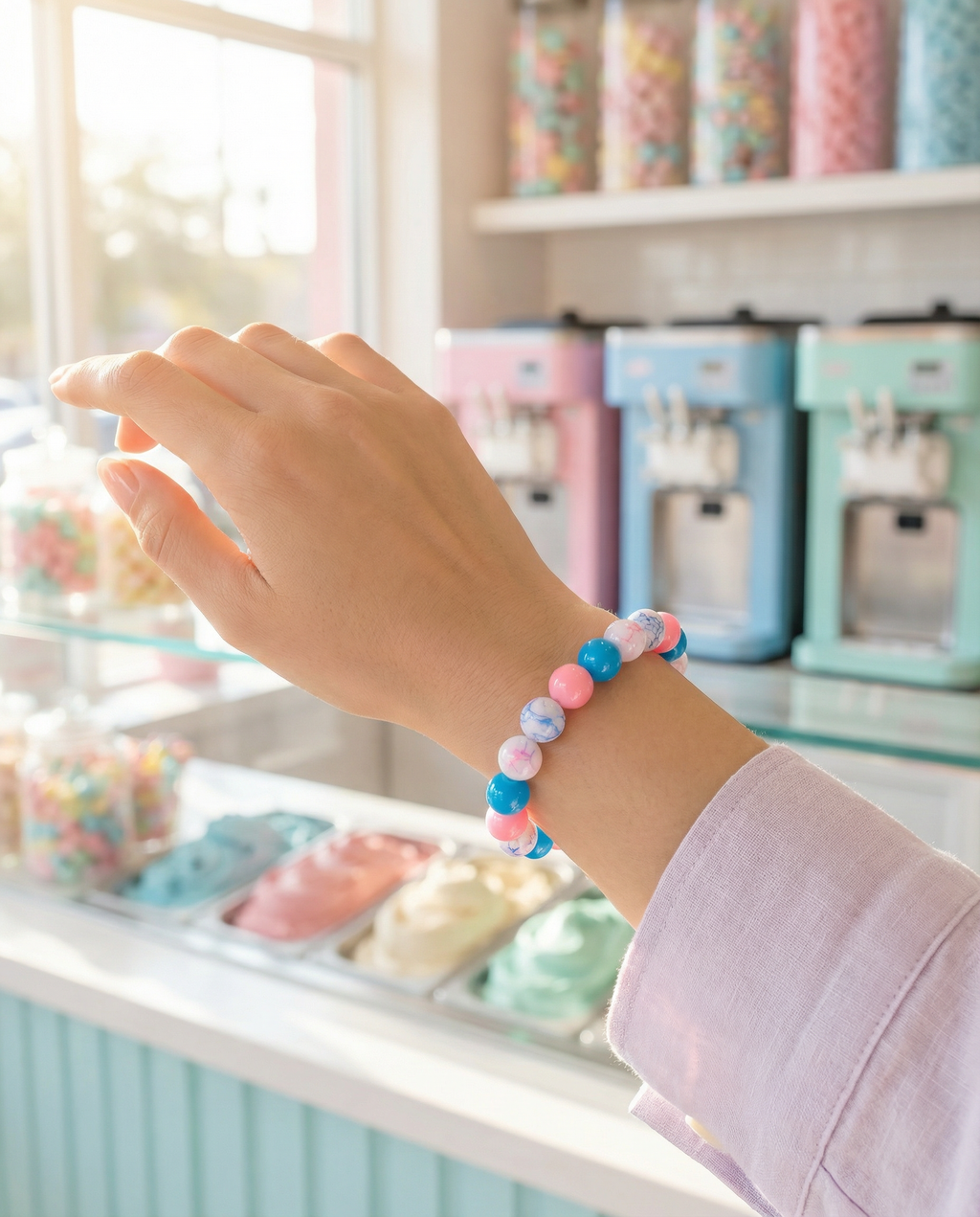 Cotton Candy Glass Bead Bracelet – Pink, Blue & White – 7" Stretch