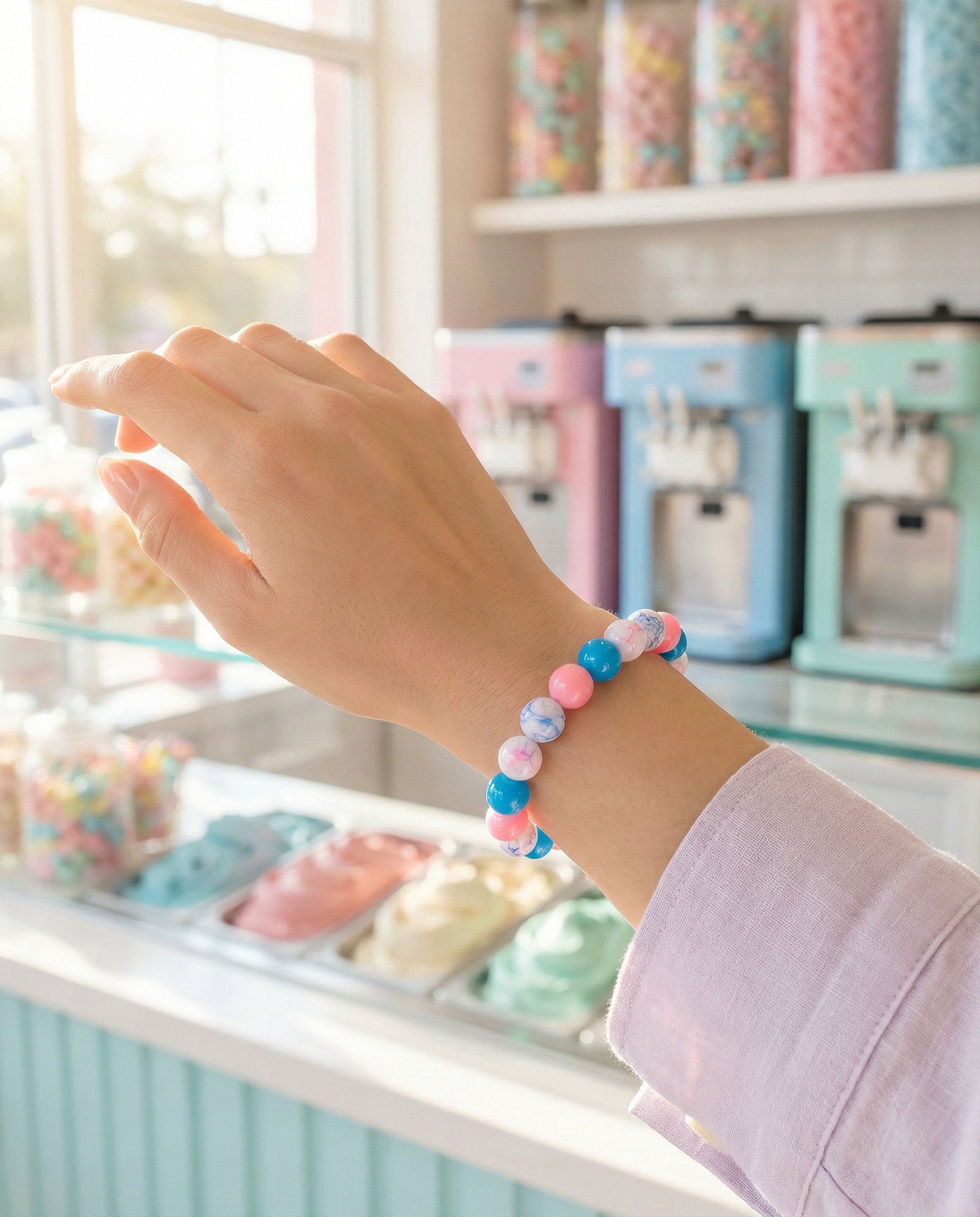 Cotton Candy Glass Bead Bracelet – Pink, Blue & White – 7" Stretch