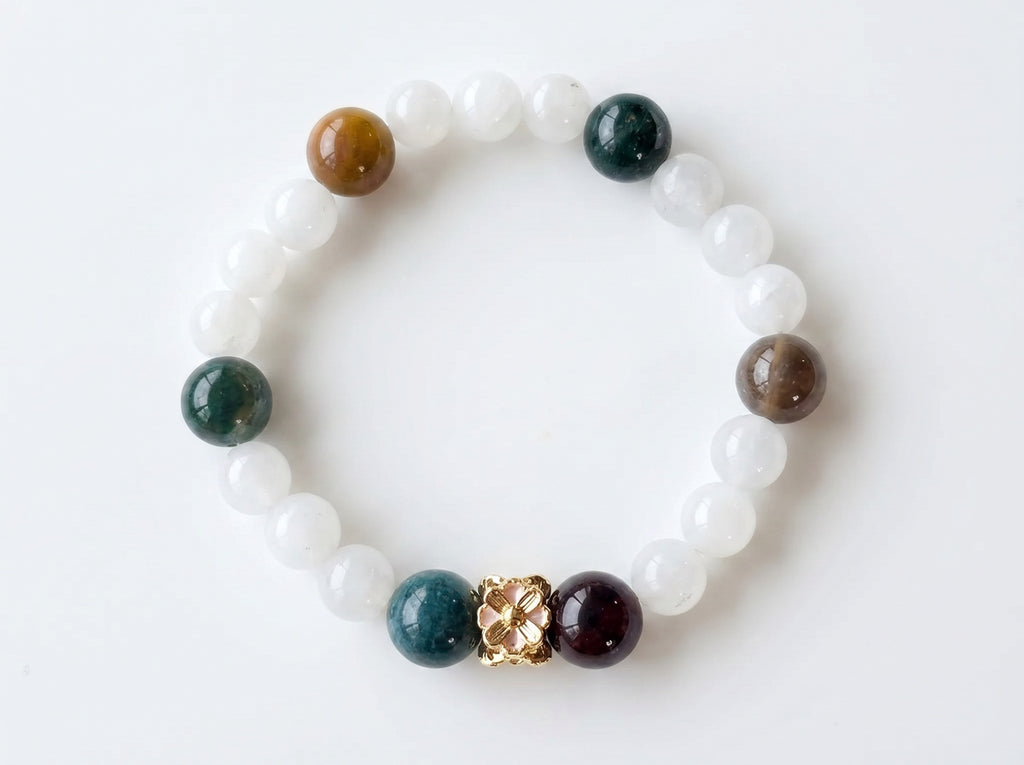 White Jade & Fancy Jasper Flower Bead Bracelet – Gold Floral Accent – 7.5" Stretch