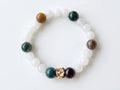 White Jade & Fancy Jasper Flower Bead Bracelet – Gold Floral Accent – 7.5" Stretch