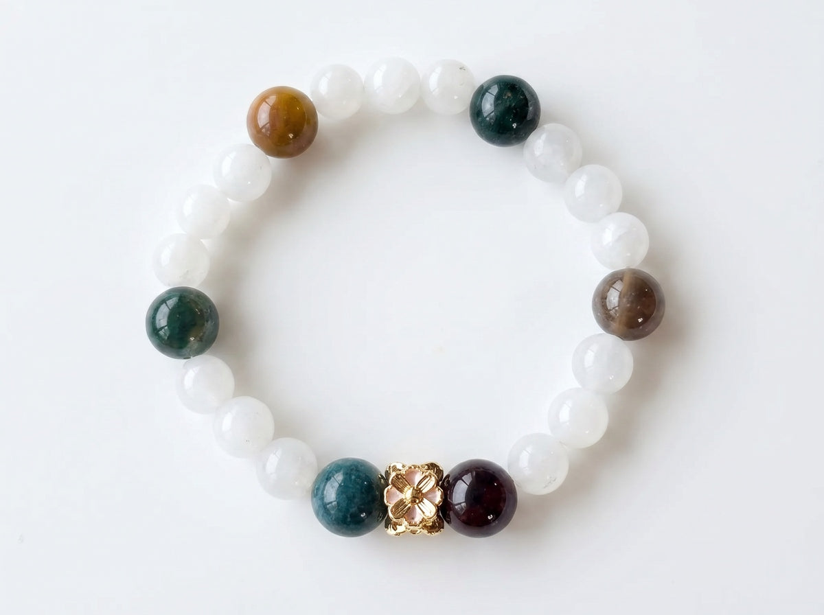 White Jade & Fancy Jasper Flower Bead Bracelet – Gold Floral Accent – 7.5" Stretch