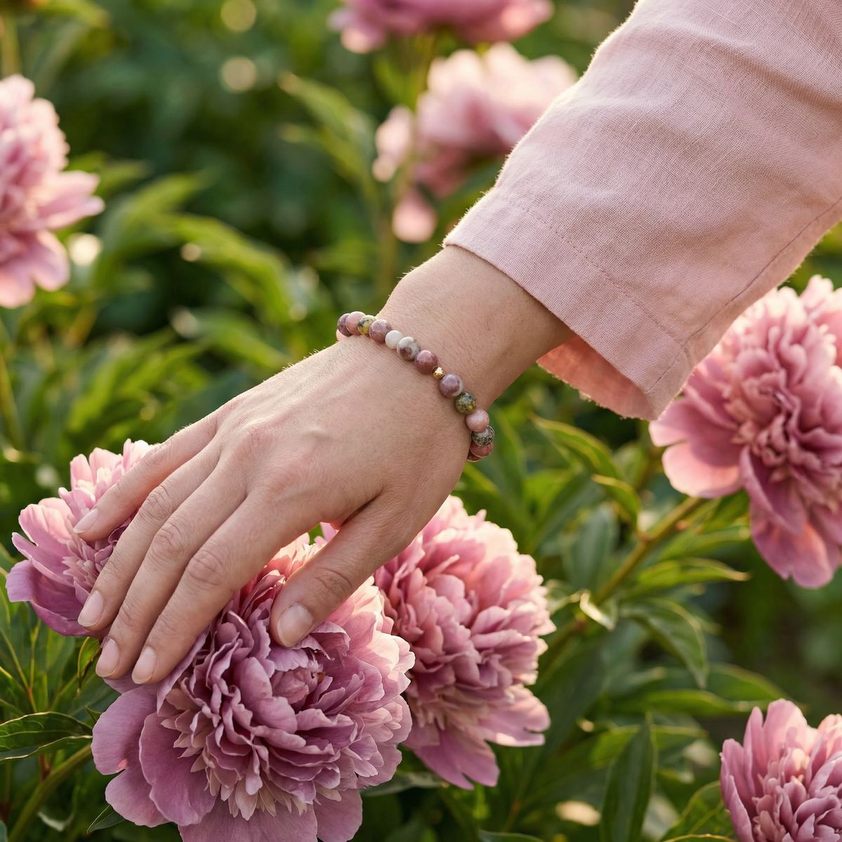 Flower Jasper Bead Bracelet – Gold Accent – 7.5" Stretch