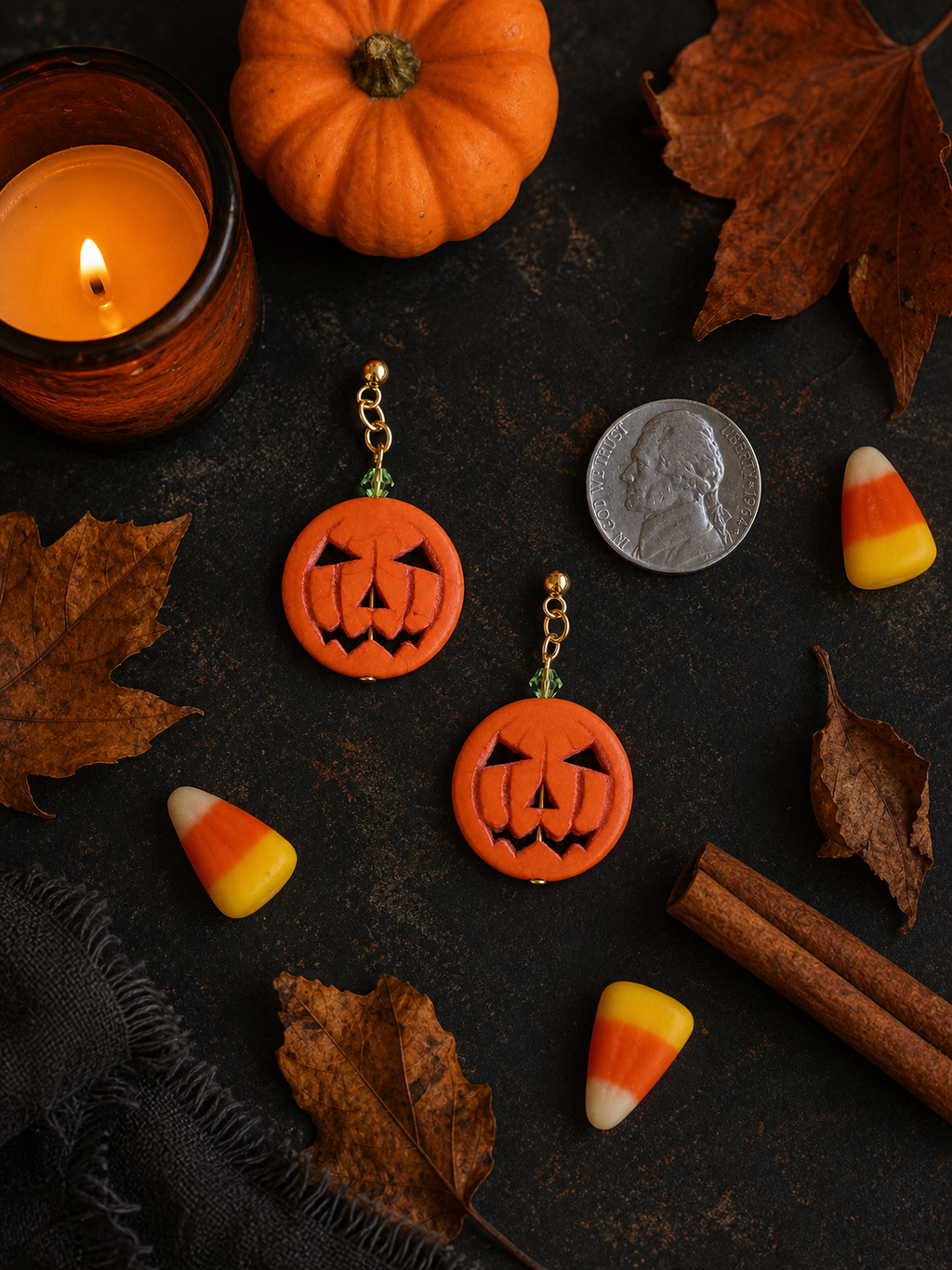 Jack-O-Lantern Pumpkin Stone Dangle Earrings – 24K Gold Plated