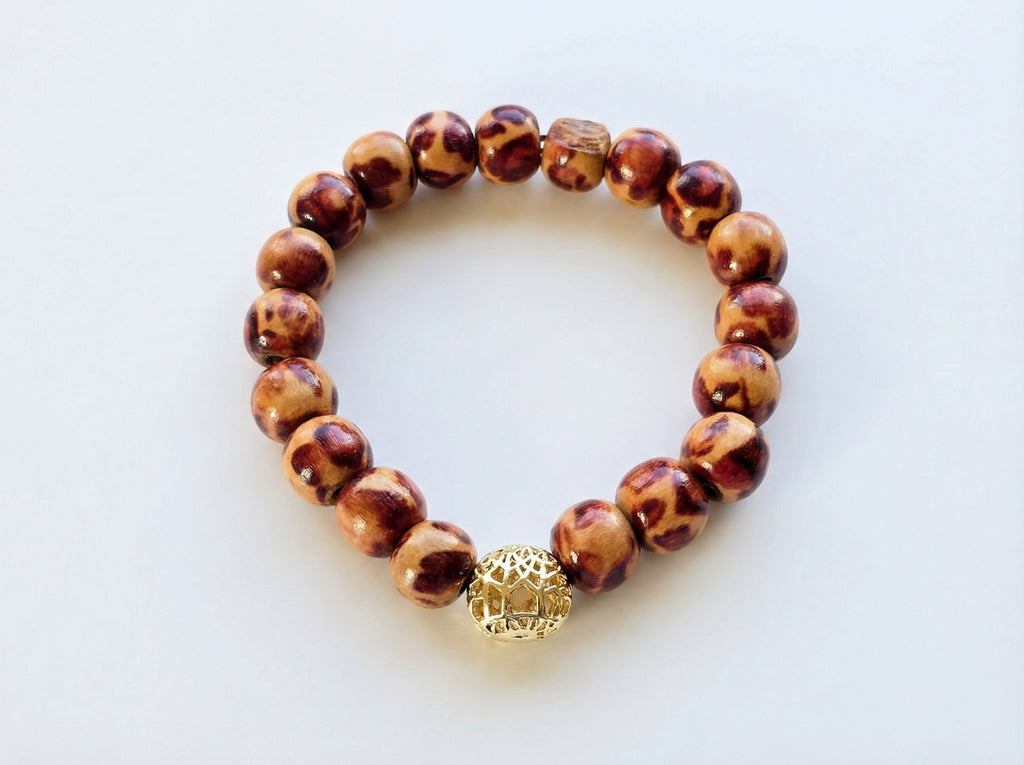 Leopard Print Wood Bead Bracelet – Gold Filigree Accent – 7.25" Stretch