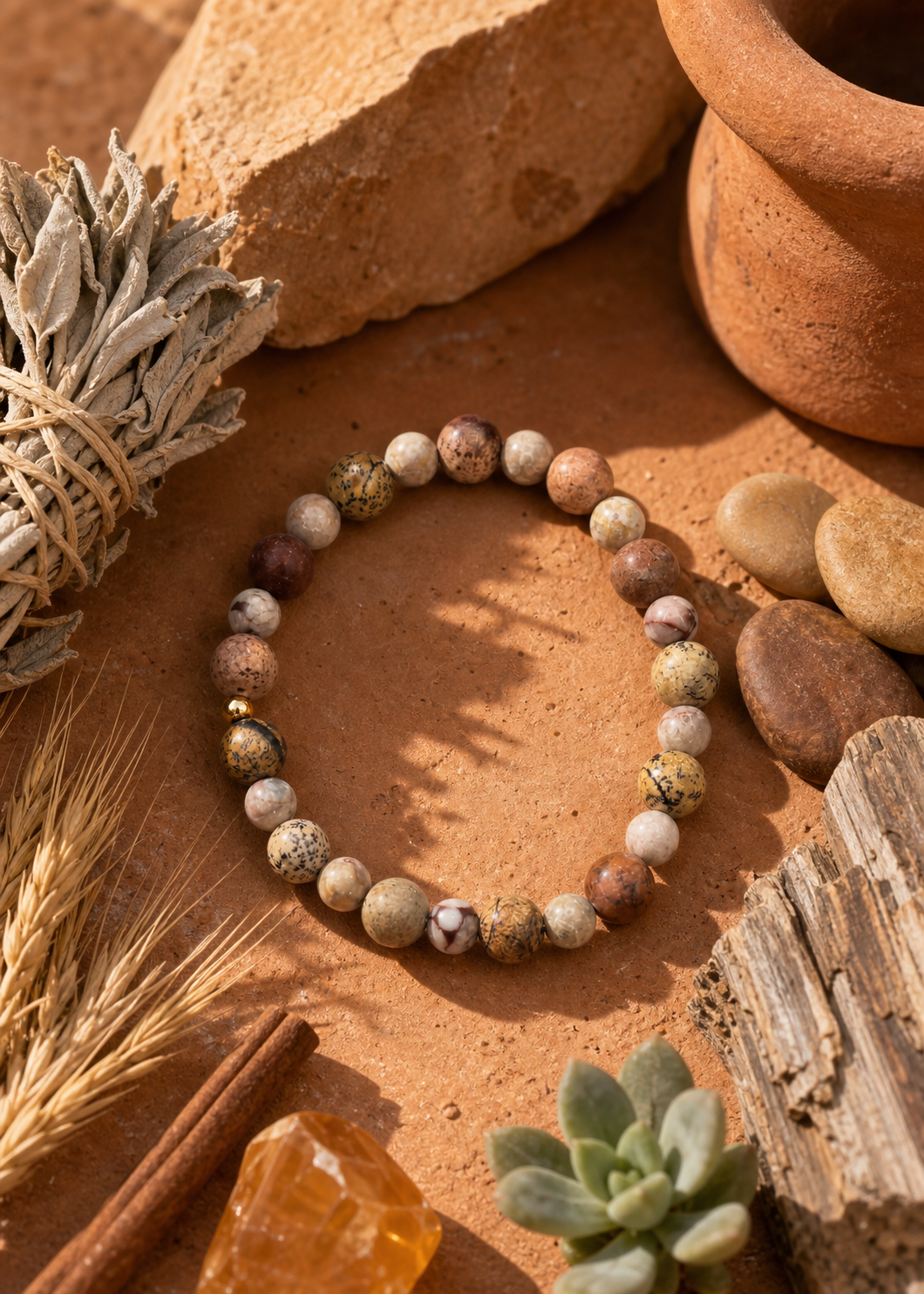 Chohua Jasper Bead Bracelet – Gold Accent – 7.5" Stretch