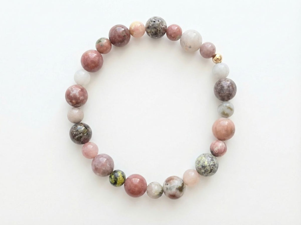 Flower Jasper Bead Bracelet – Gold Accent – 7.5" Stretch