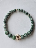 Tree Agate Rose Charm Bracelet – Gold Enamel Accent – 7.5" Stretch