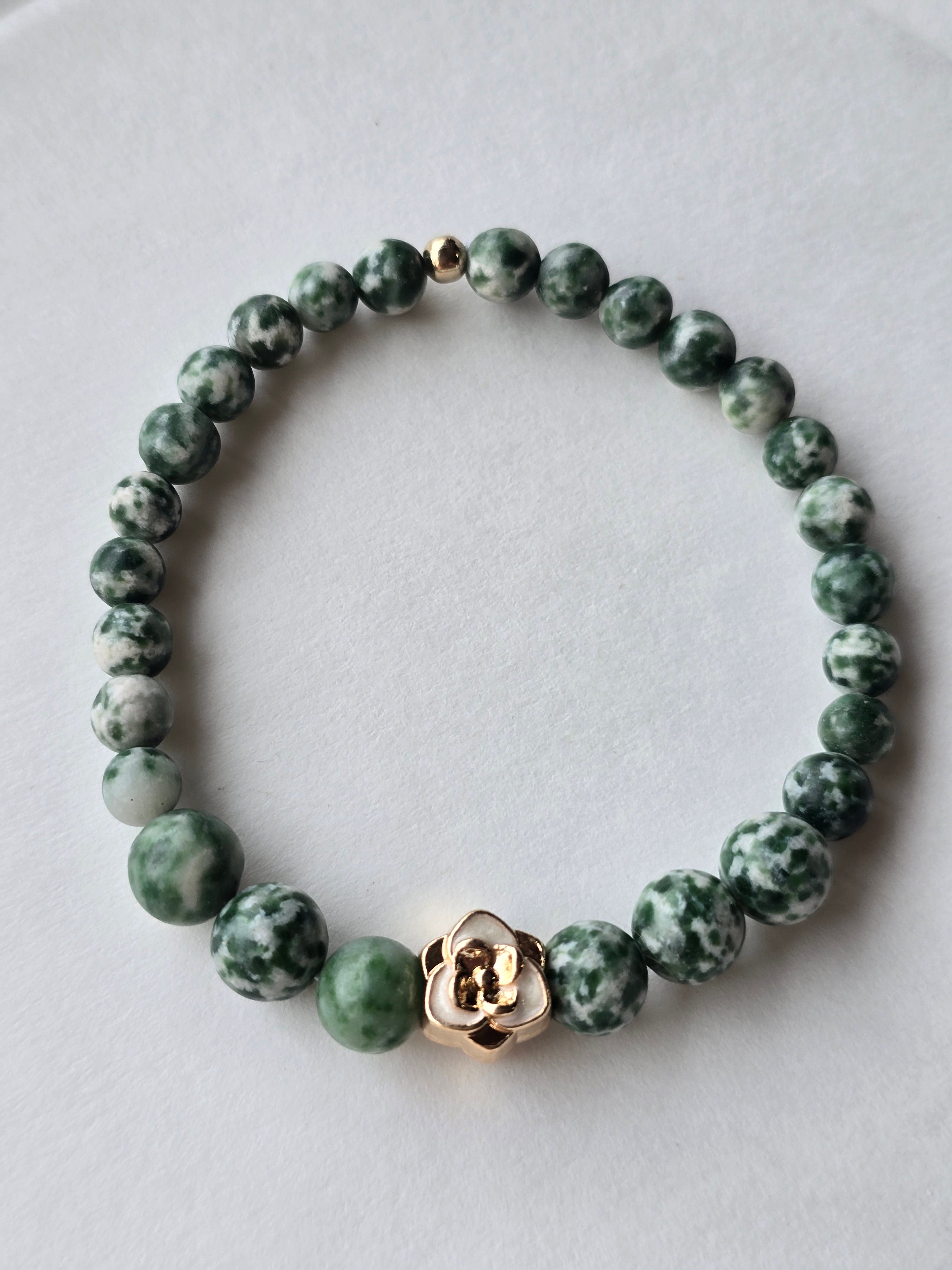 Tree Agate Rose Charm Bracelet – Gold Enamel Accent – 7.5" Stretch