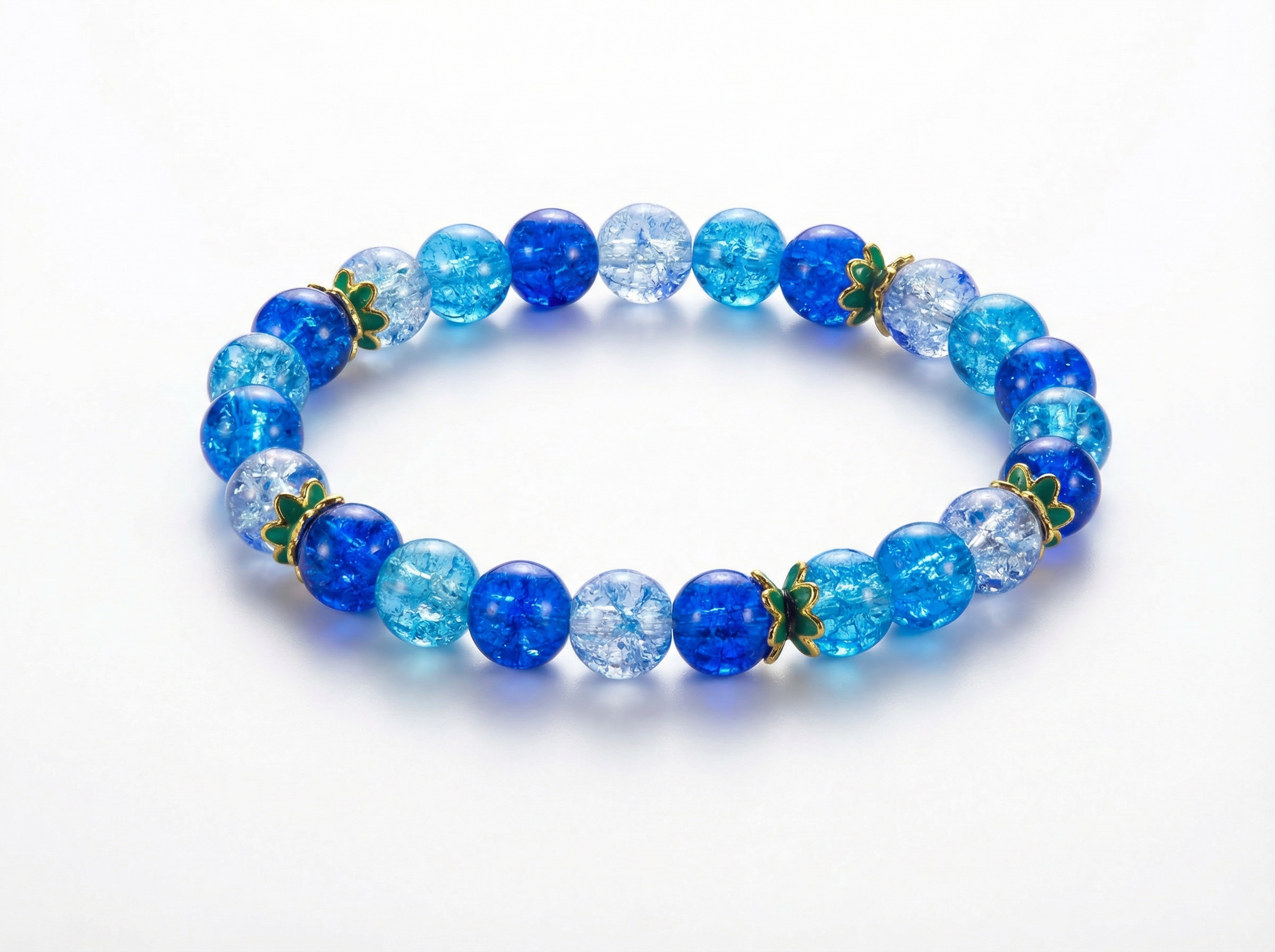 Blue Crackle Glass Bead Bracelet – Gold Clover Charms – 7.5" Stretch