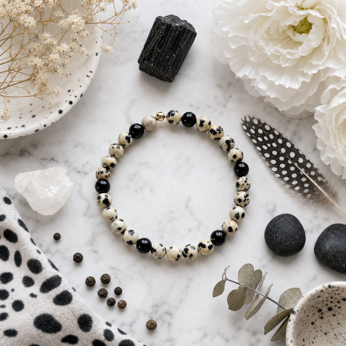 Dalmatian Jasper & Black Onyx Bead Bracelet – Gold Accent – 7.5" Stretch