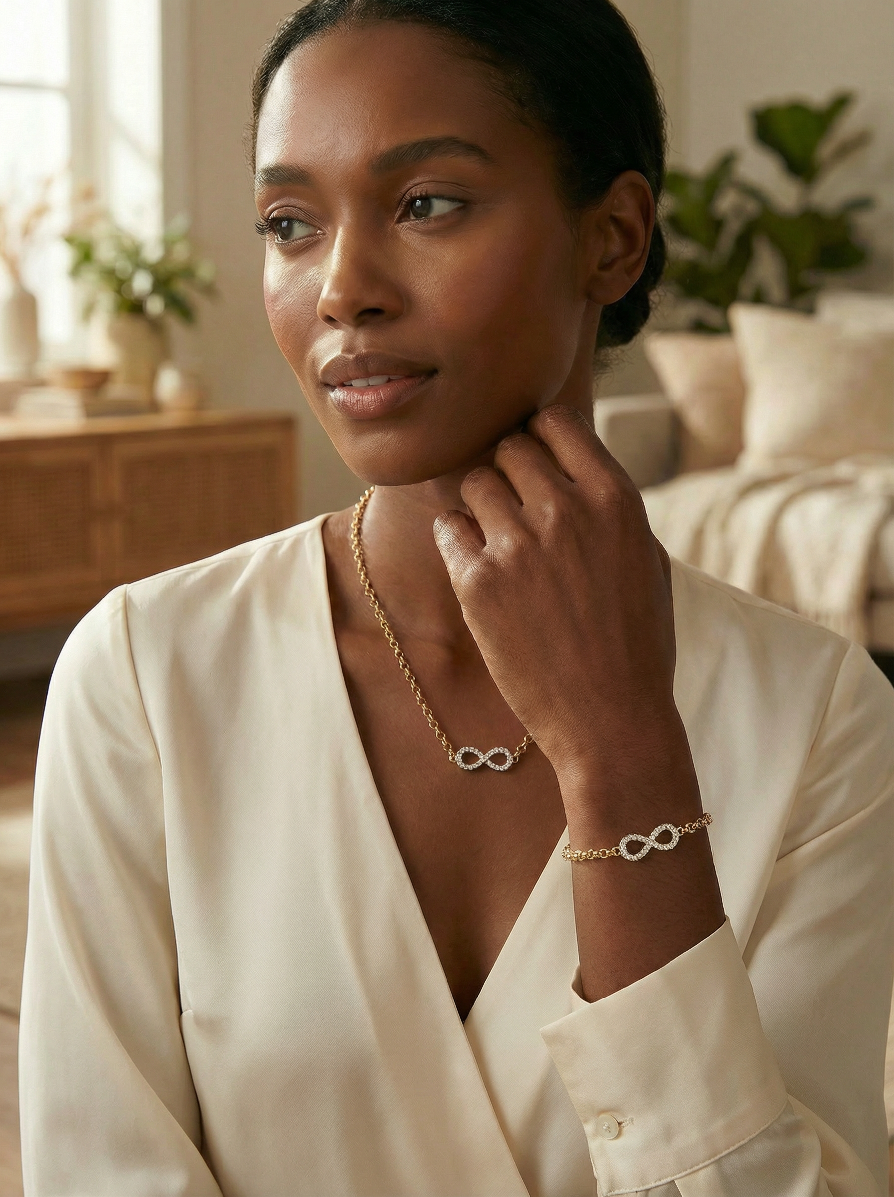 Infinity Bling Necklace and Bracelet Set on Model - Combo Shot