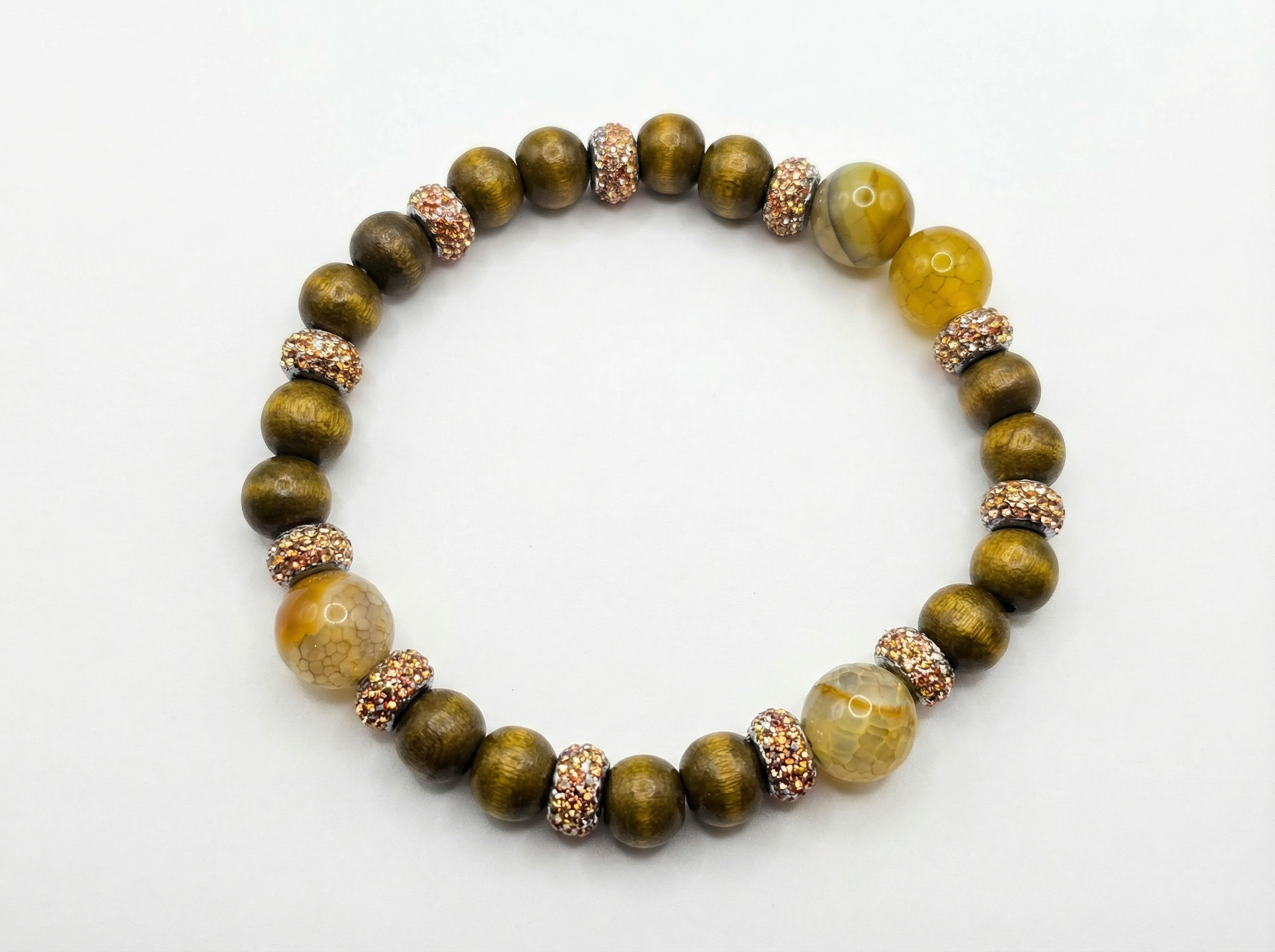 Crackle Agate & Wood Bead Bracelet – Rose Gold Pave Accents – 7.5" Stretch