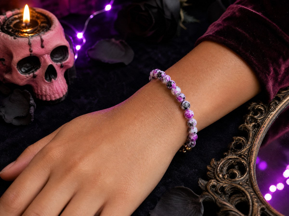 Pink & Black Marbled Glass Bead Bracelet – 24K Gold Plated – 7"
