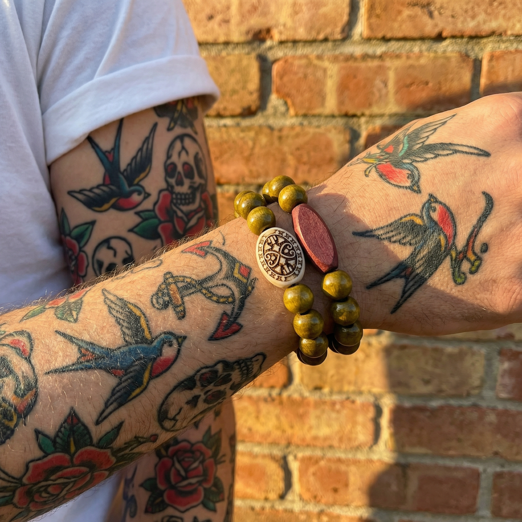 Wooden Bead Bracelet Stack - Brick Wall Outdoor